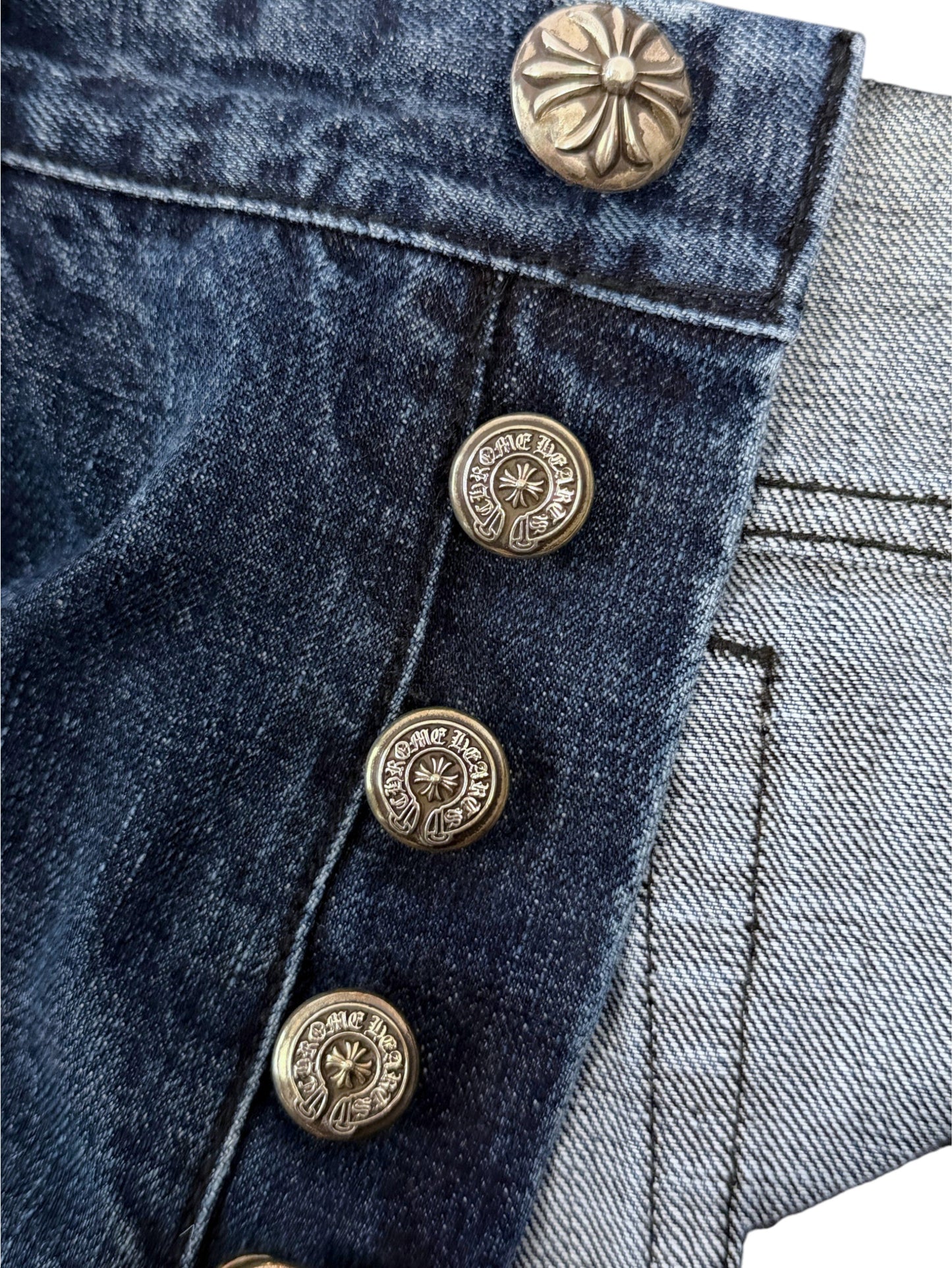 Silver CH Button Fly on Chrome Hearts Cross Patch Jeans