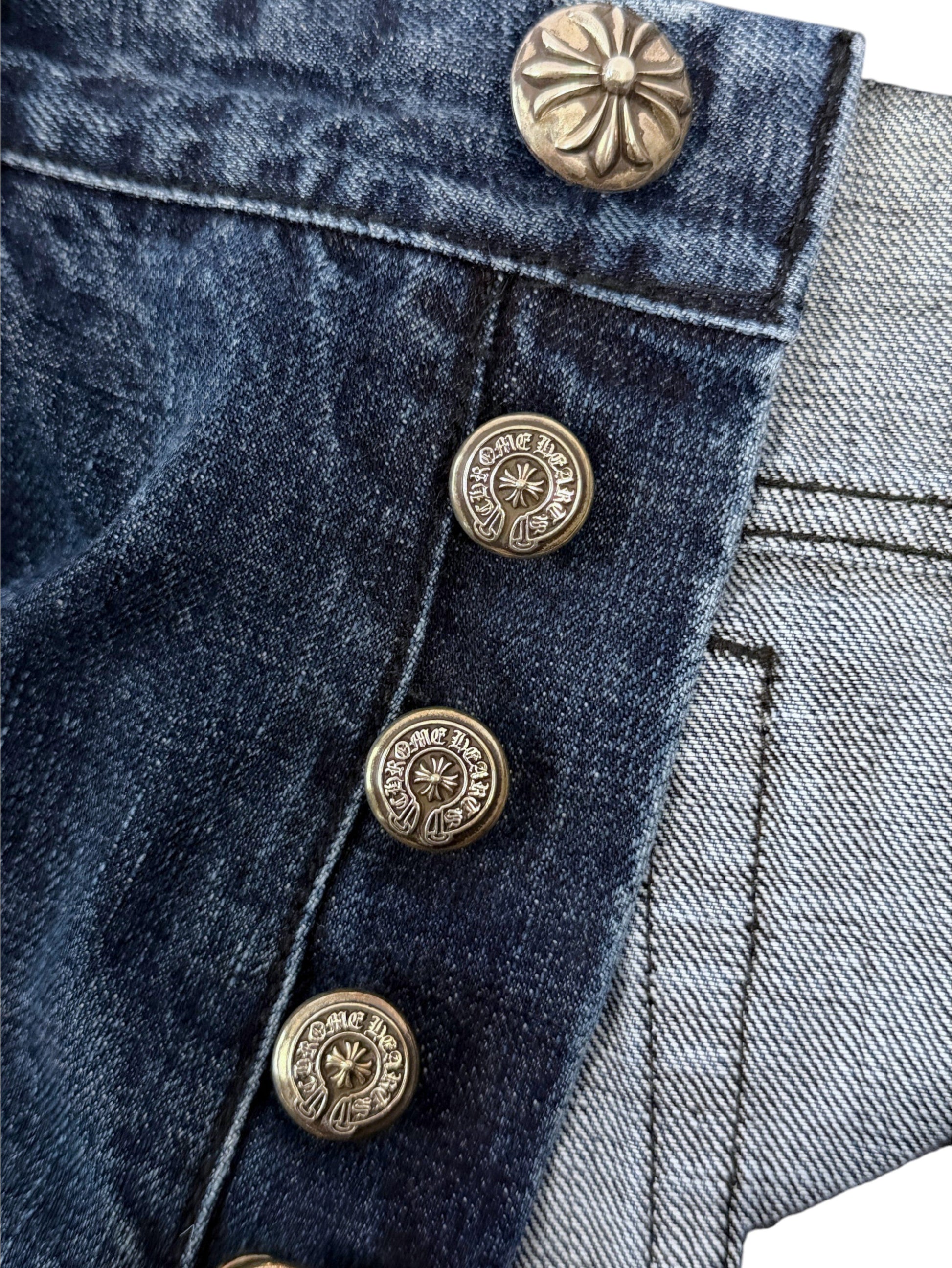 Silver CH Button Fly on Chrome Hearts Cross Patch Jeans