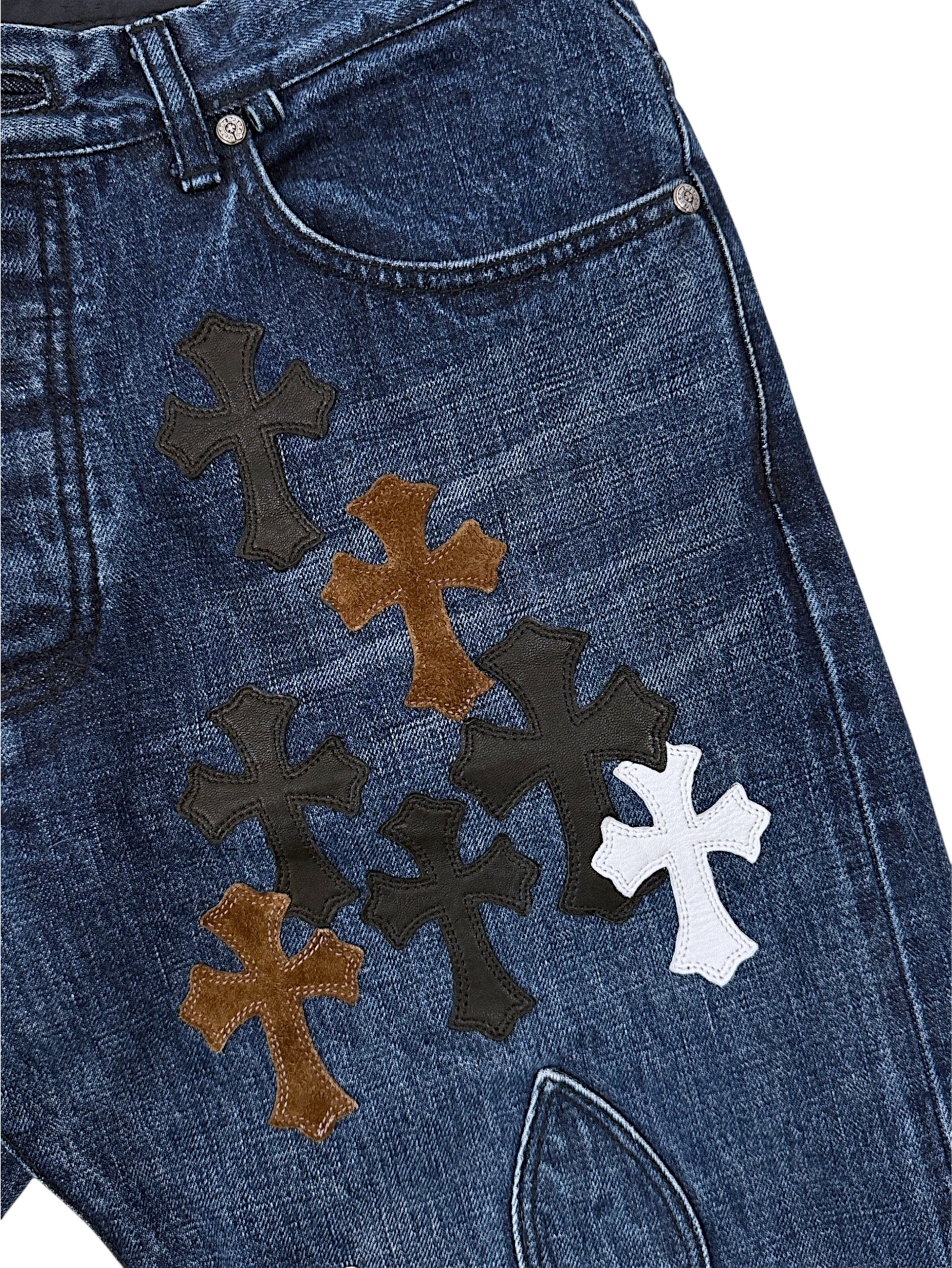 Brown Suede and Black Leather Crosses Chrome Hearts Denim