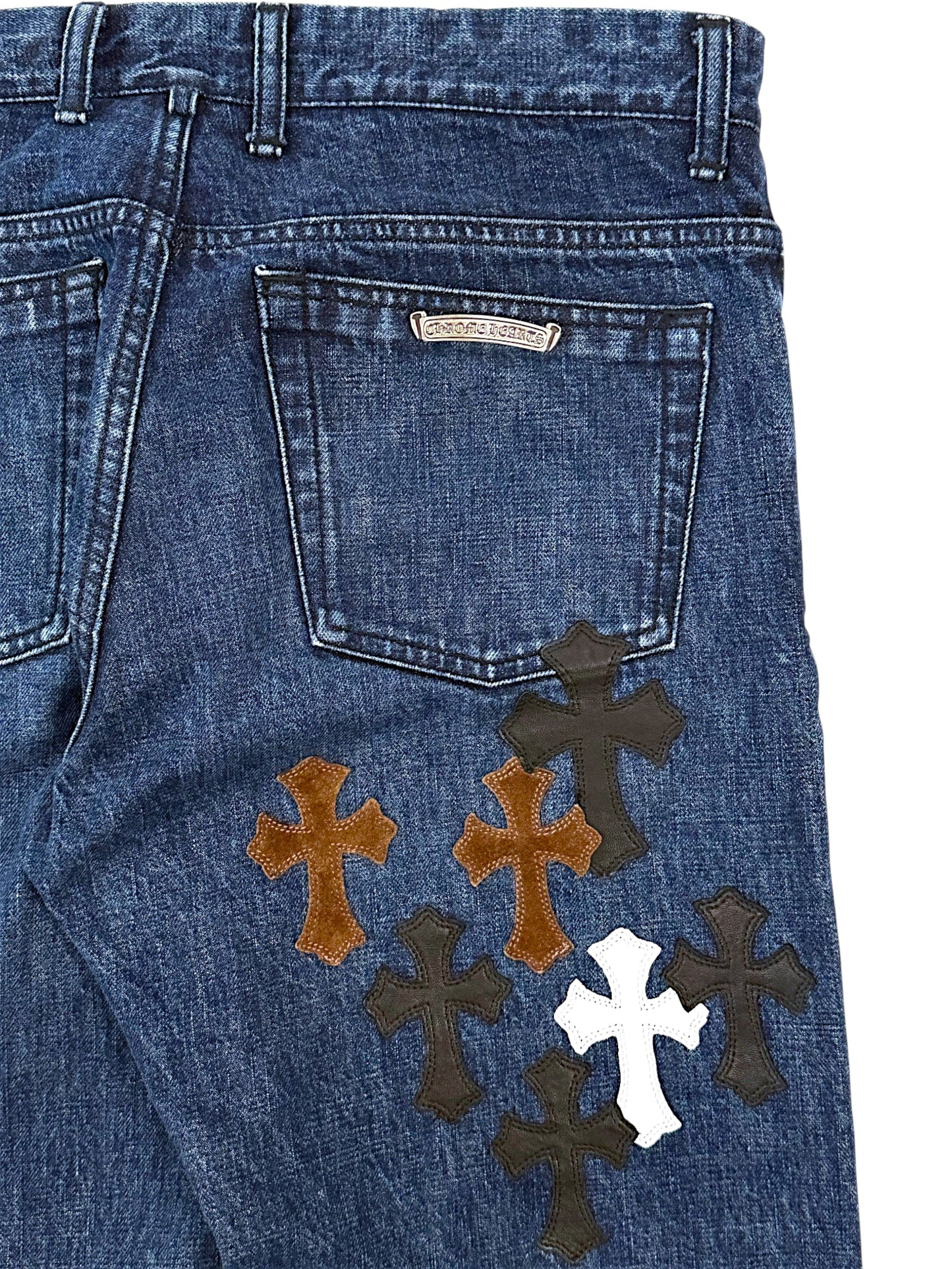 White Black and Brown Leather Crosses on Chrome Hearts Jeans
