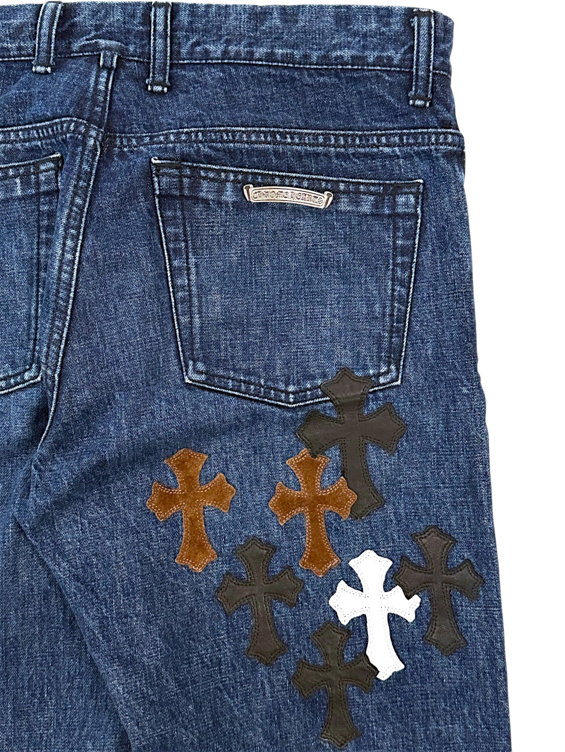 White Black and Brown Leather Crosses on Chrome Hearts Jeans