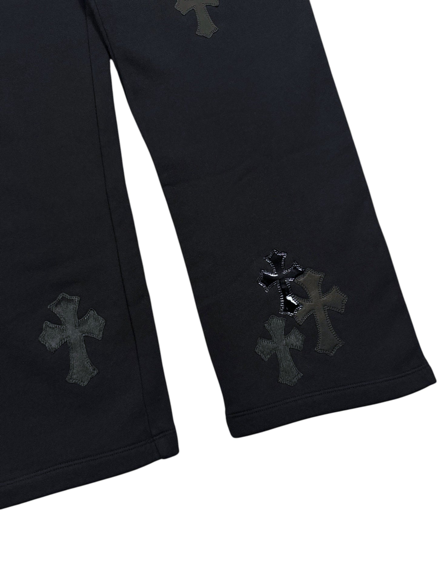 Lamb Leather and Patent Cross Patches on Chrome Hearts Sweatpants