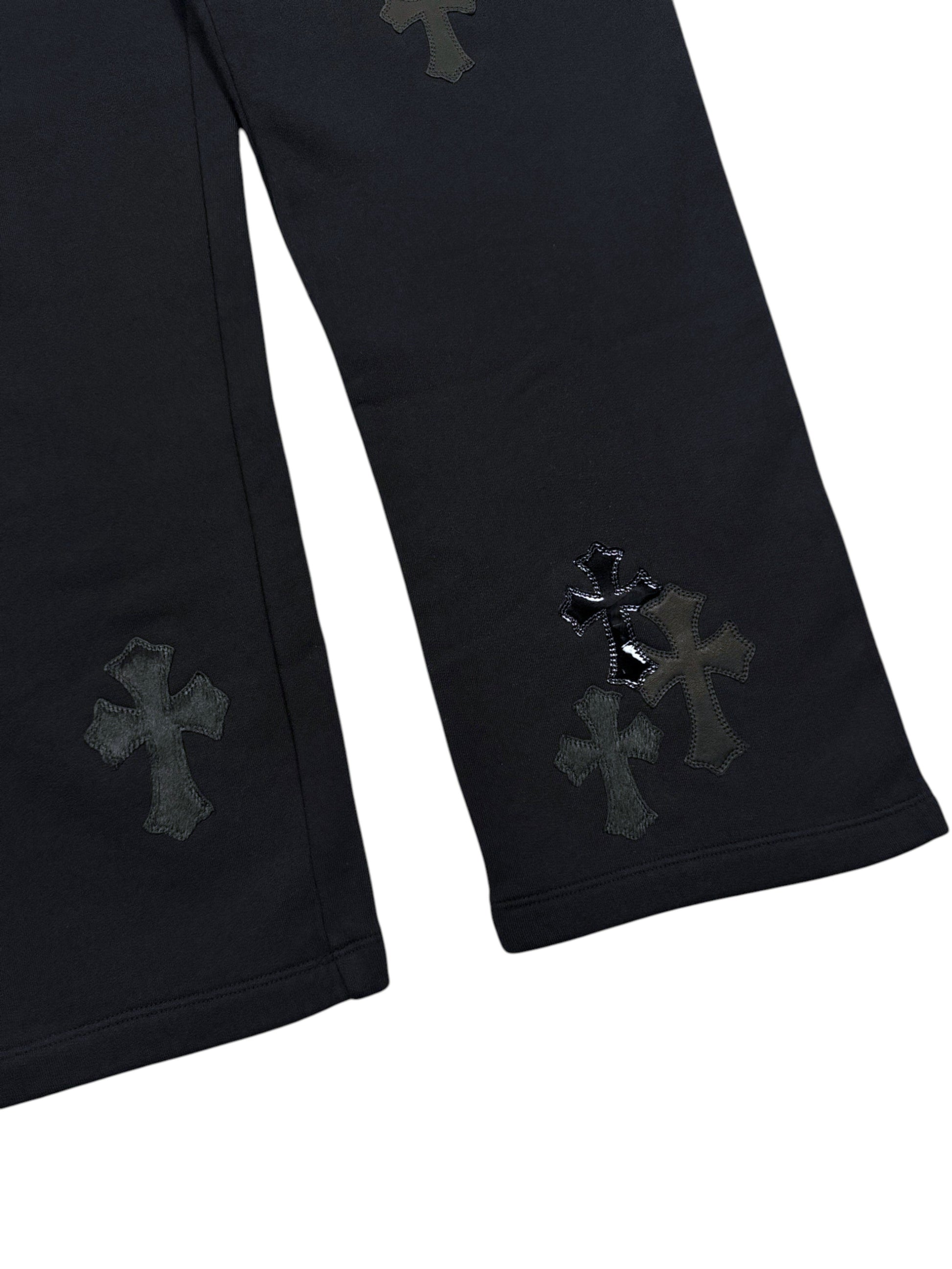 Lamb Leather and Patent Cross Patches on Chrome Hearts Sweatpants