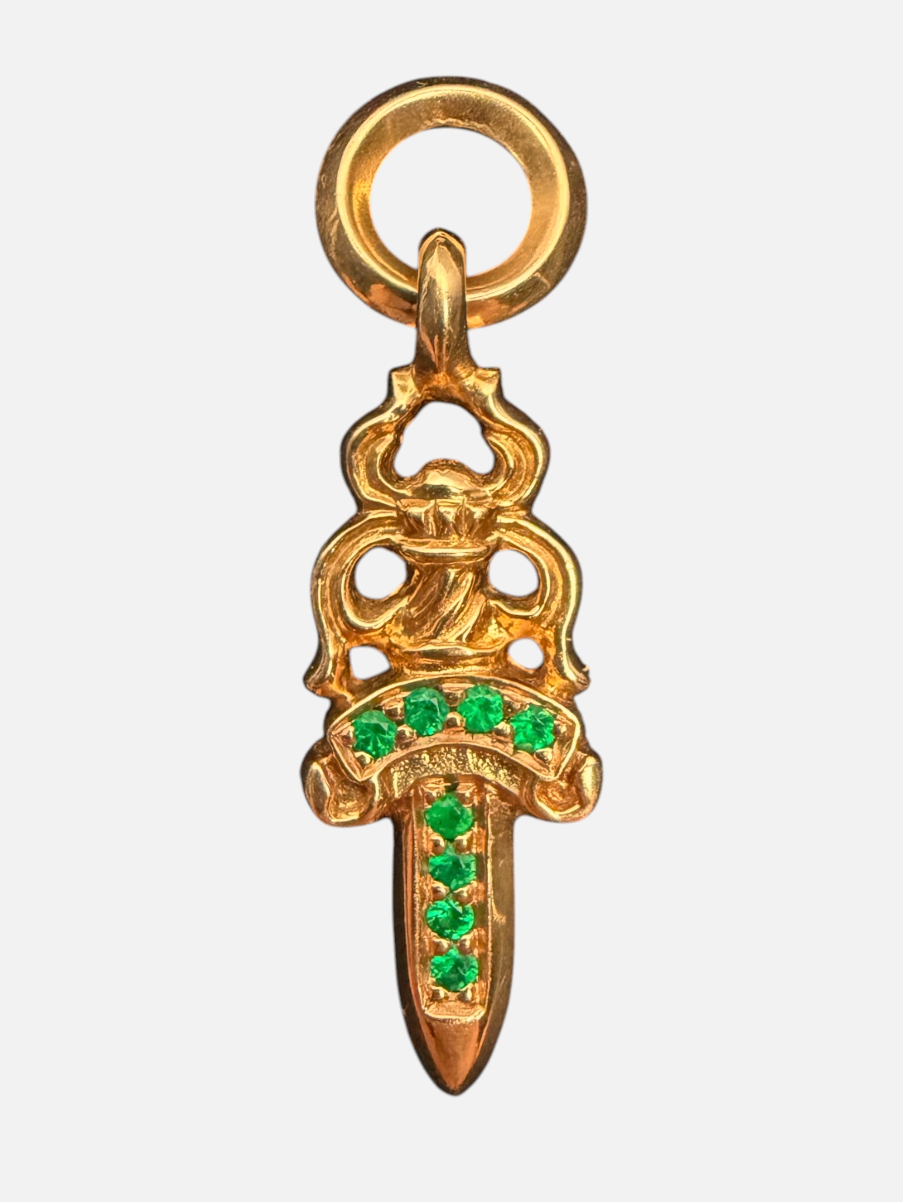 Chrome Hearts Dagger #5 Pendant 22k Gold Green Emerald Pavé