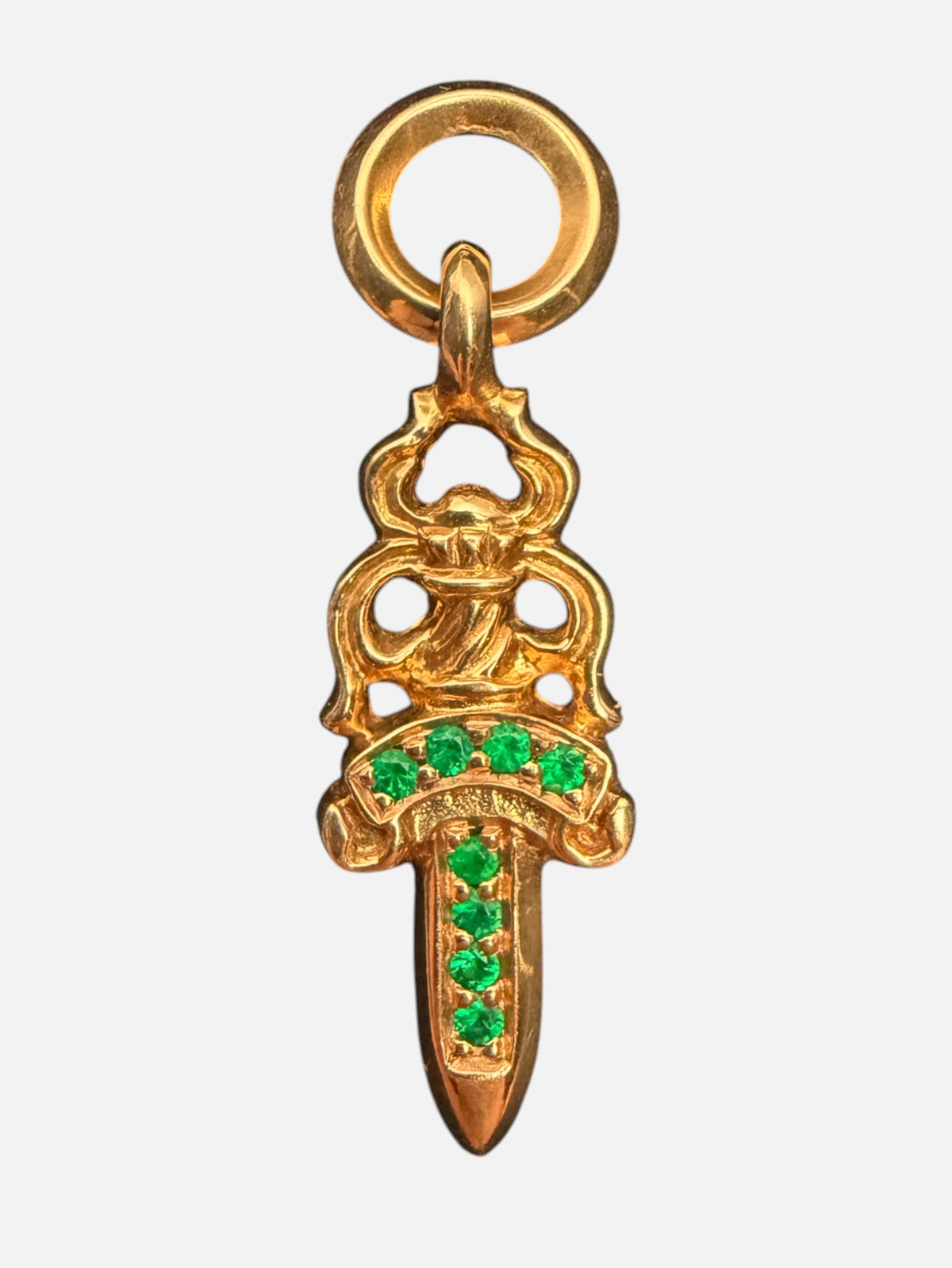 Chrome Hearts Dagger #5 Pendant 22k Gold Green Emerald Pavé