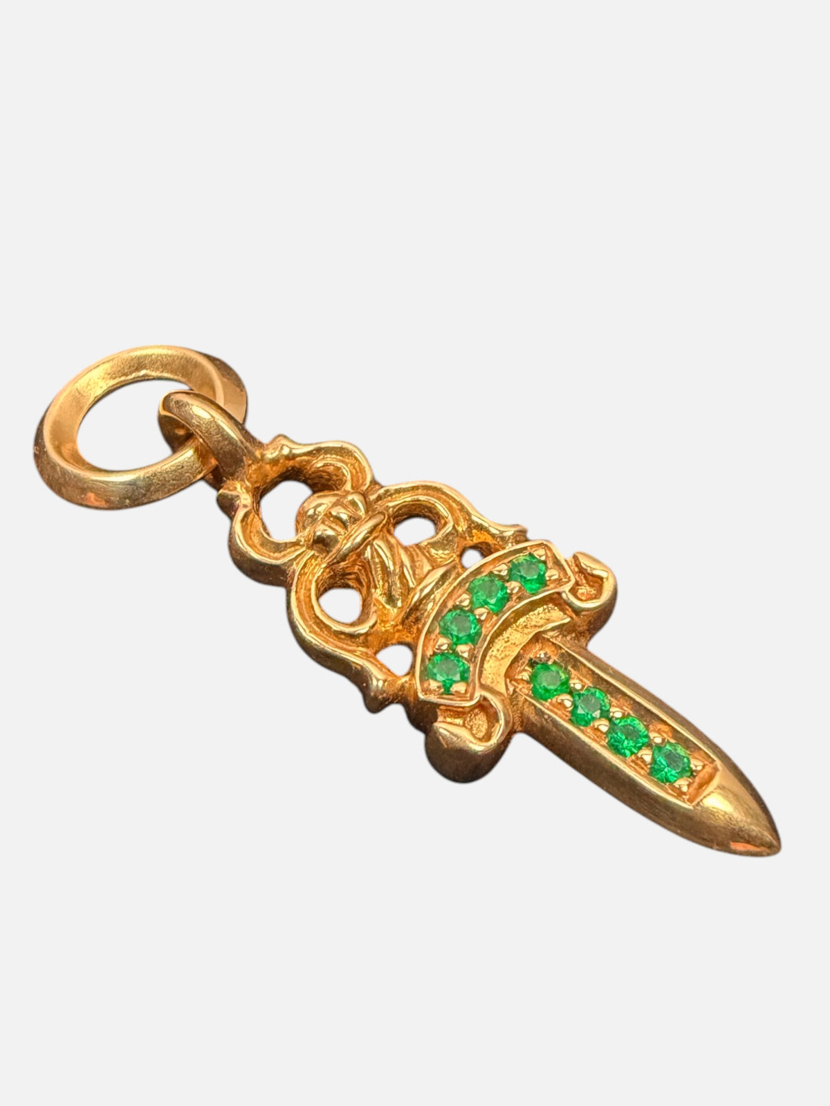 Green Emerald Pavé Scroll Banner Chrome Hearts 22k Gold Dagger Charm
