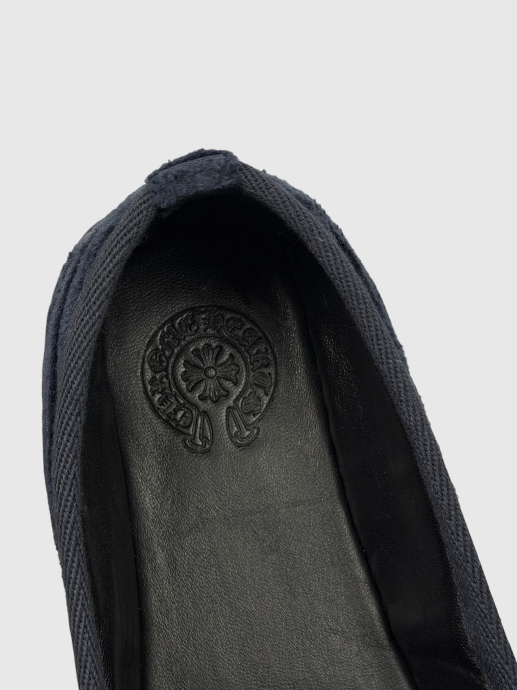 Black Leather Lined Chrome Hearts Navy Corduroy Slippers Horseshoe Logo