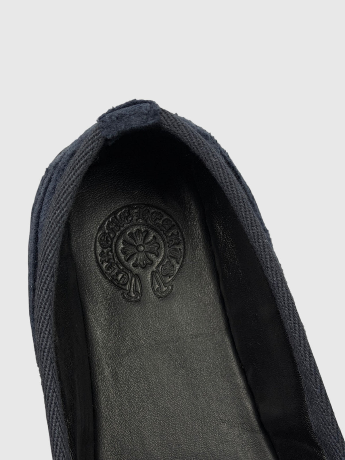 Black Leather Lined Chrome Hearts Navy Corduroy Slippers Horseshoe Logo