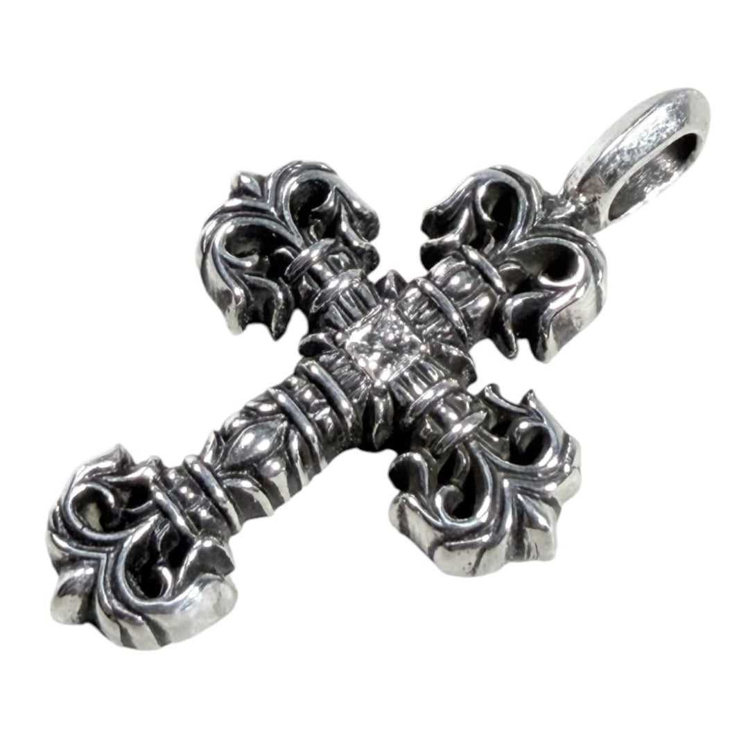 Tiny Filigree Cross Charm Silver Center Diamond