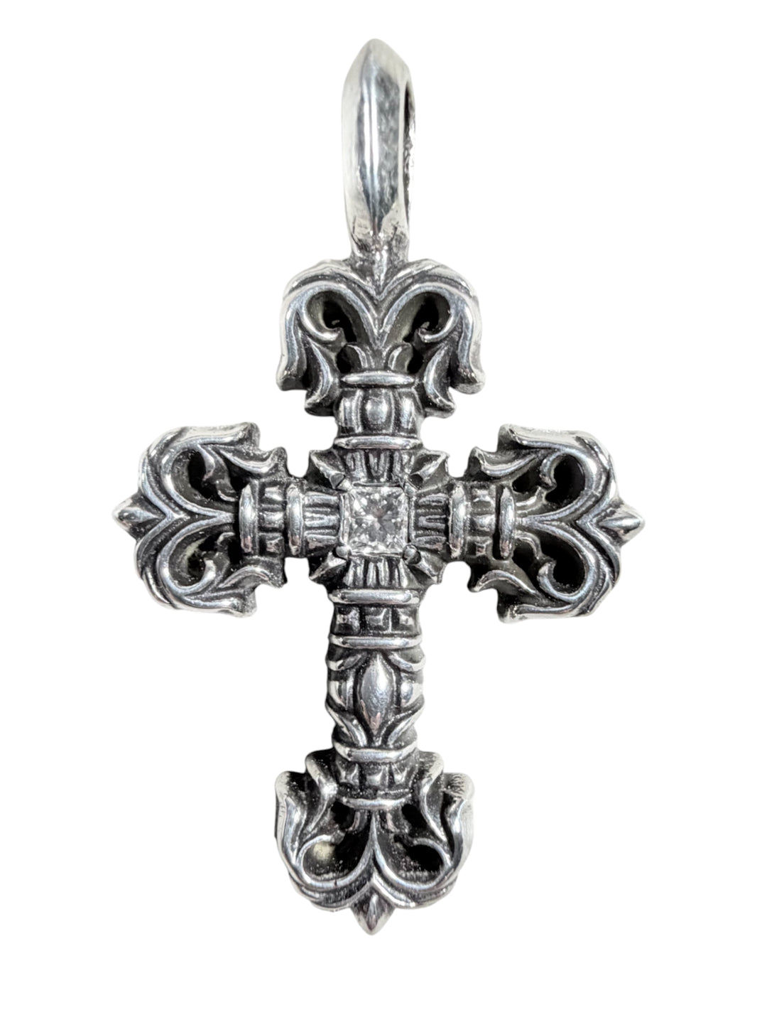 Chrome Hearts Tiny Filigree Cross Charm Silver Center Diamond Sterling Silver Hardware