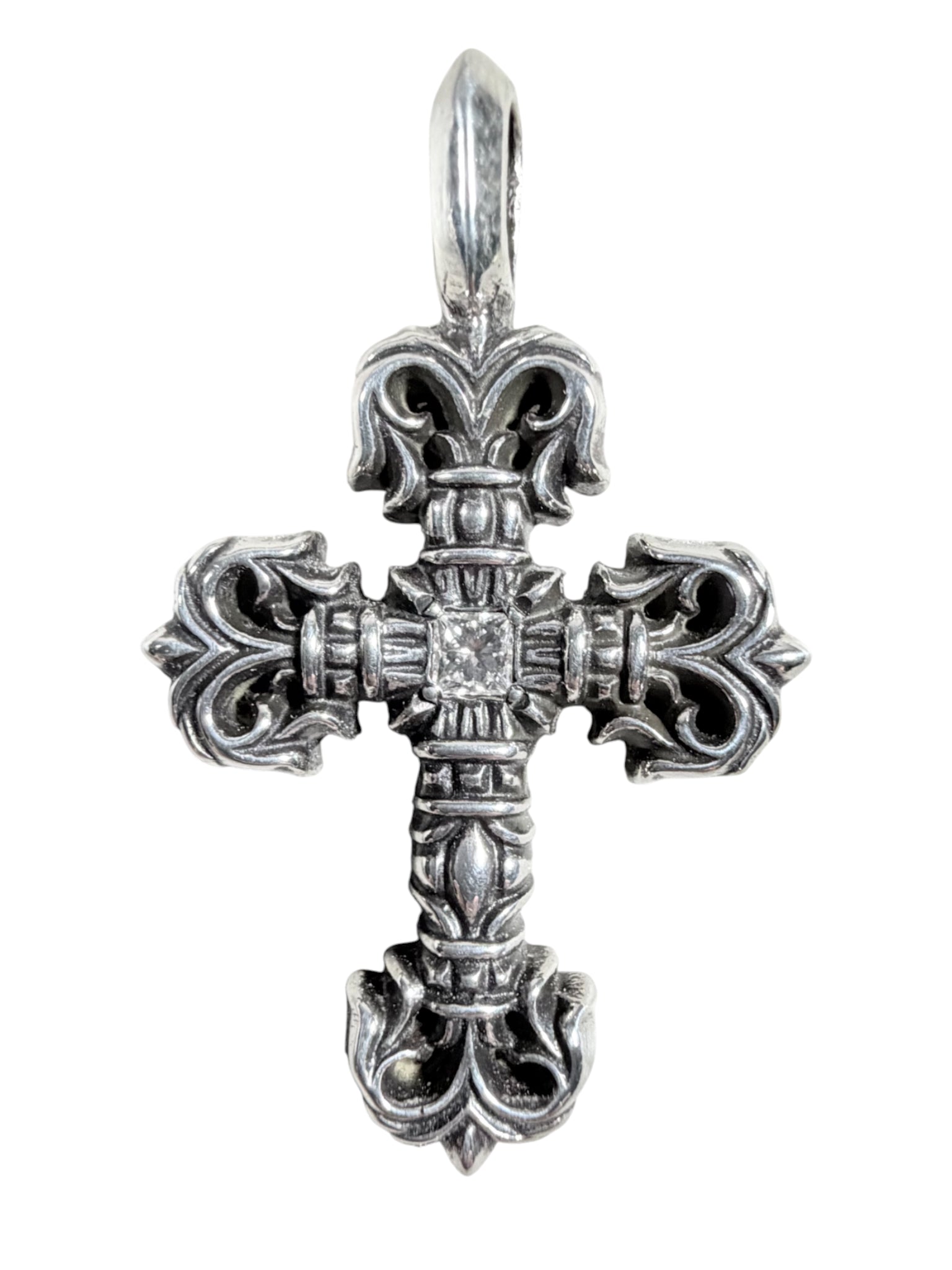 Chrome Hearts Tiny Filigree Cross Charm Silver Center Diamond Sterling Silver Hardware