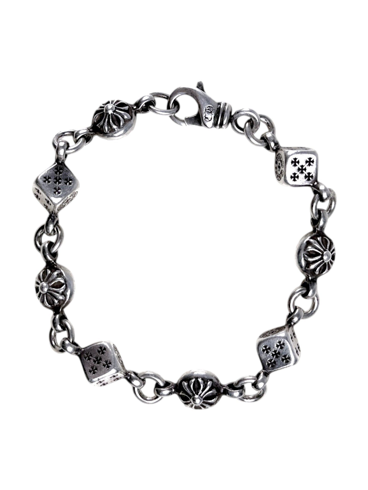 Floral Cross Ball Beads Chrome Hearts Silver Dice Bracelet