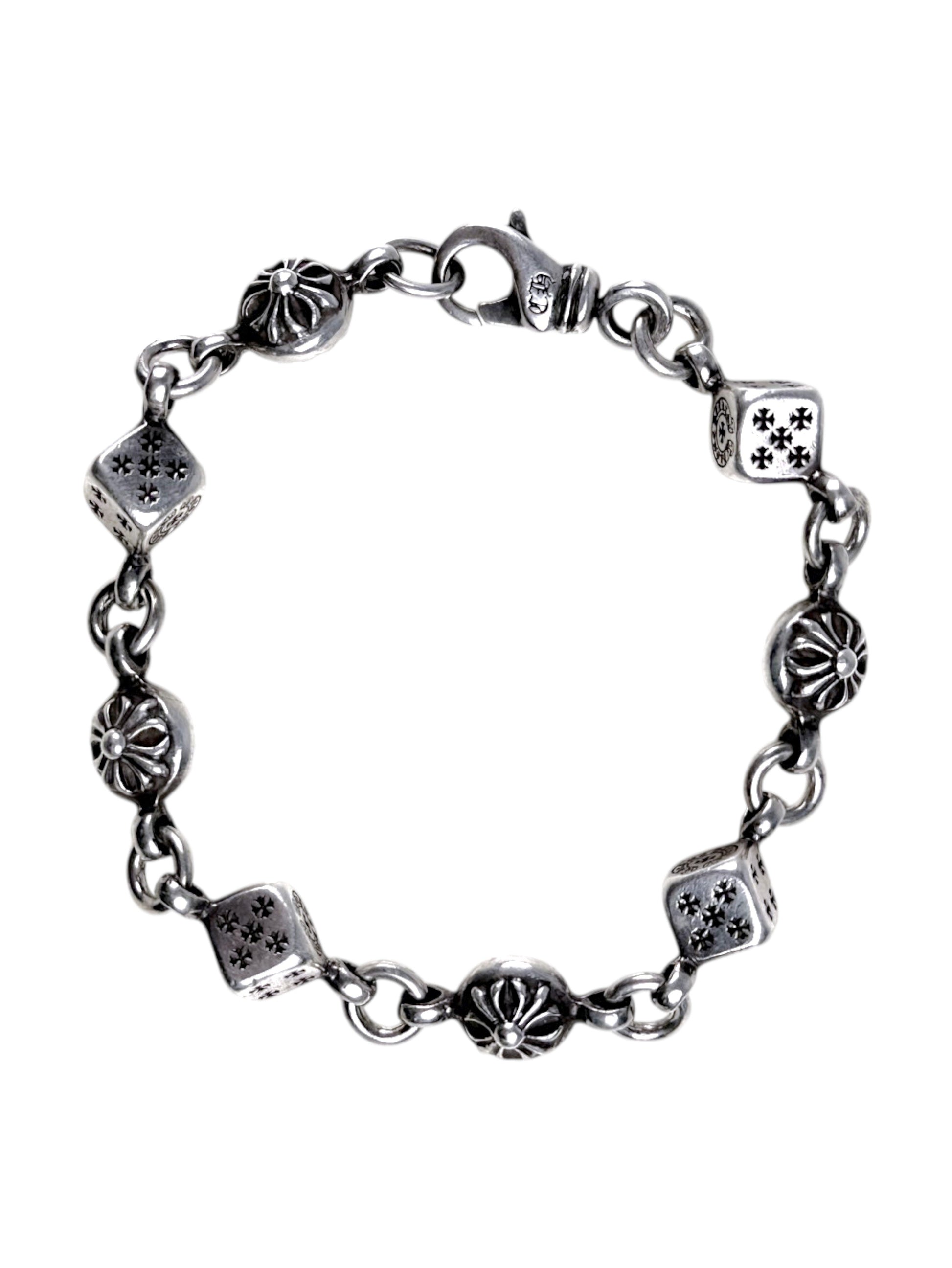 Floral Cross Ball Beads Chrome Hearts Silver Dice Bracelet