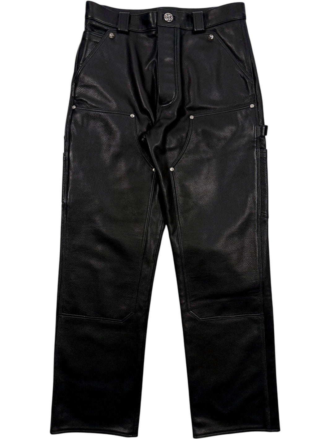 Chrome Hearts Black Leather Double Knee Carpenter Pants Cross Buttons