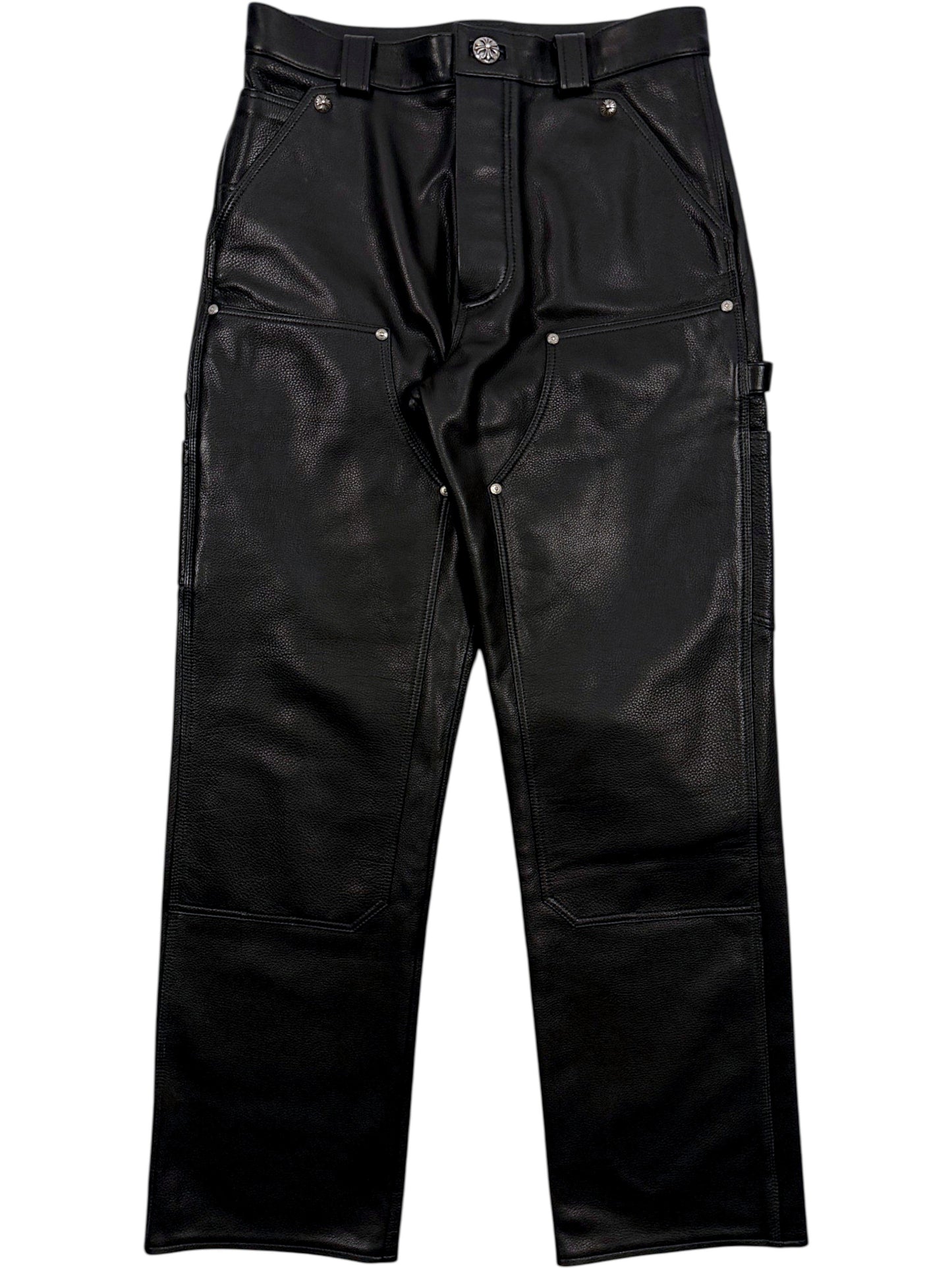 Chrome Hearts Black Leather Double Knee Carpenter Pants Cross Buttons