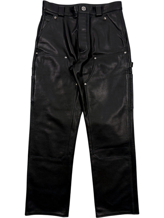 Chrome Hearts Black Leather Double Knee Carpenter Pants Cross Buttons