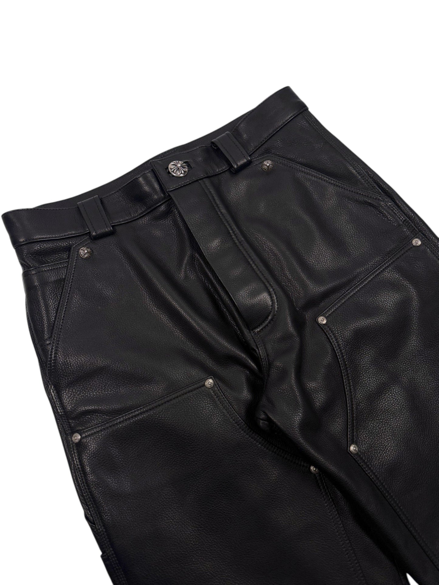 Leather Double Knee Carpenter Pants Chrome Hearts Cross Button Waist