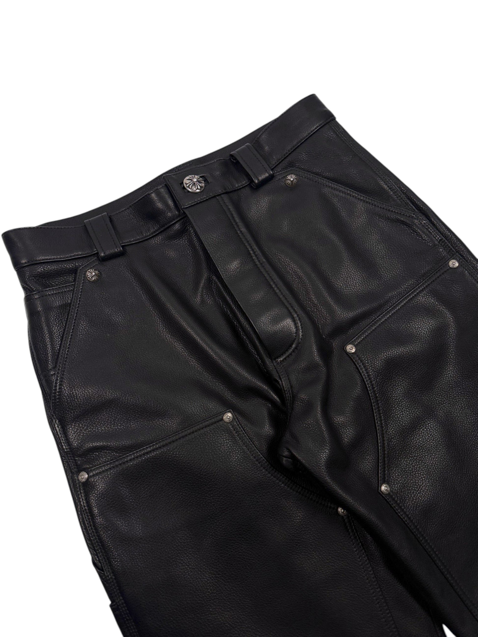Leather Double Knee Carpenter Pants Chrome Hearts Cross Button Waist