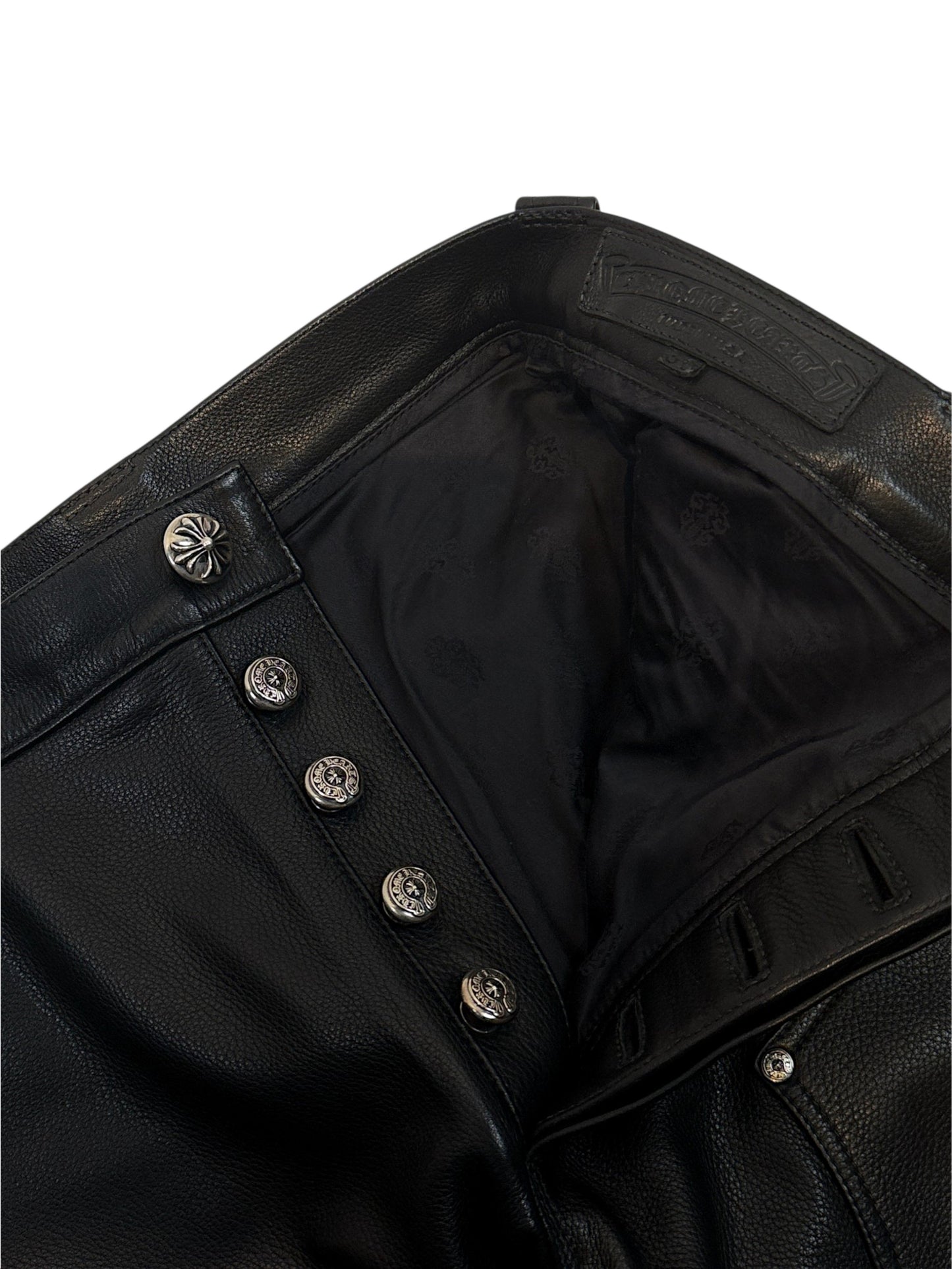 Cross Button Fly Hardware on Chrome Hearts Black Leather Carpenter Pants