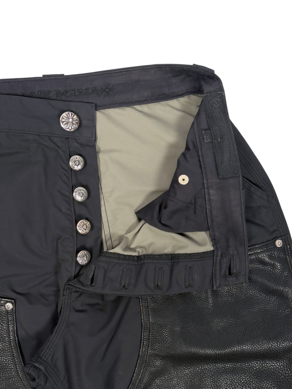 Horseshoe Silver Button Fly on Chrome Hearts Double Knee Pants