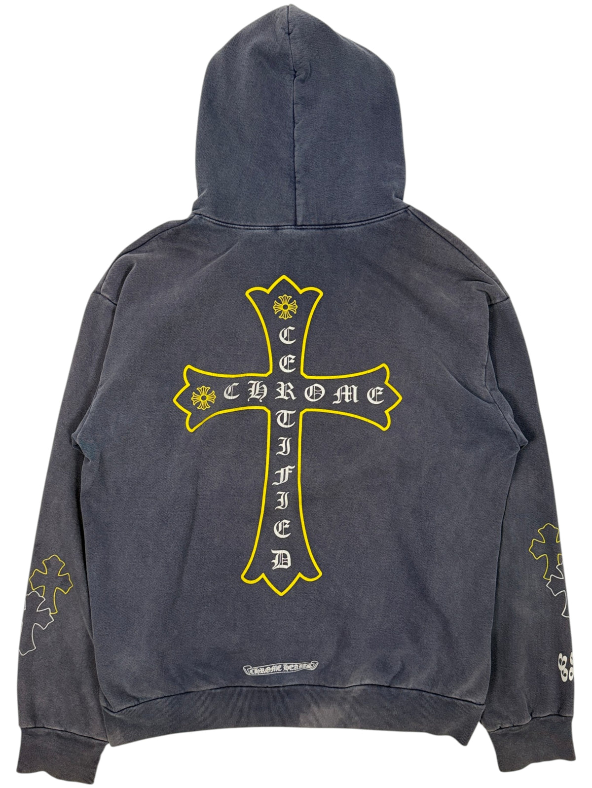 Chrome Hearts Drake CLB Certified Lover Boy Hoodie Faded Navy Yellow Cross Graphic