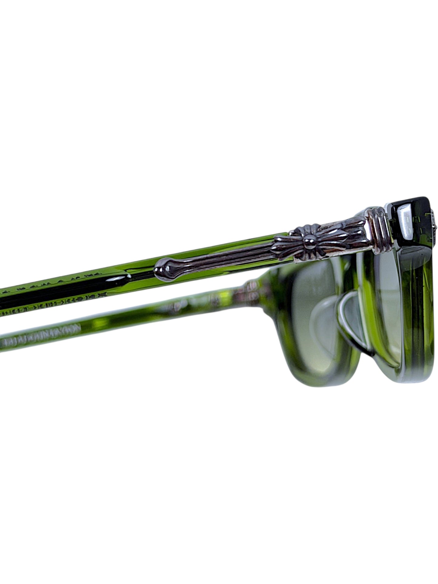 Sterling Silver Cross Temple on Chrome Hearts Green Sunglasses