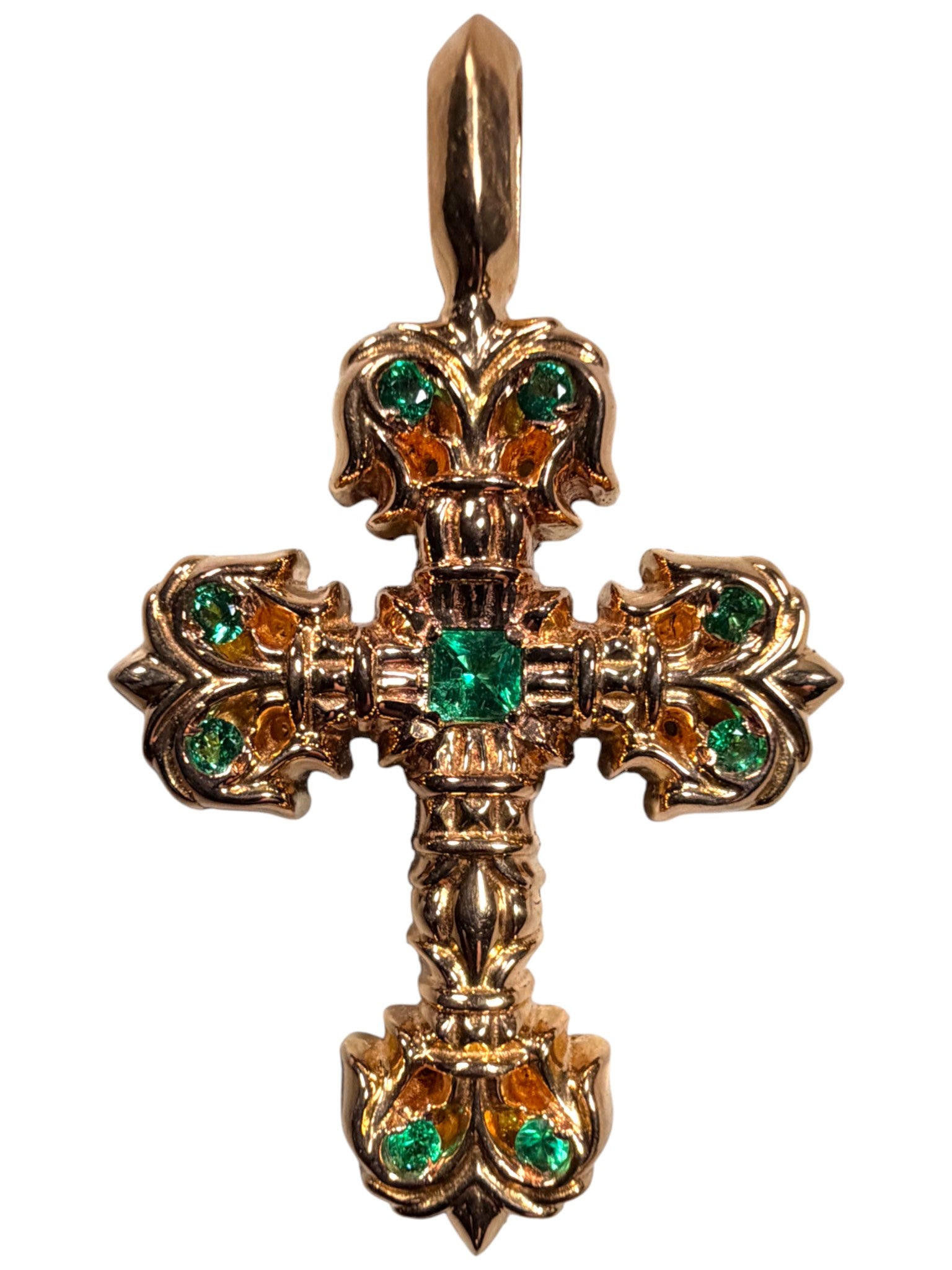 Chrome Hearts 22k Gold Cross Pendant Pave Emerald Charm