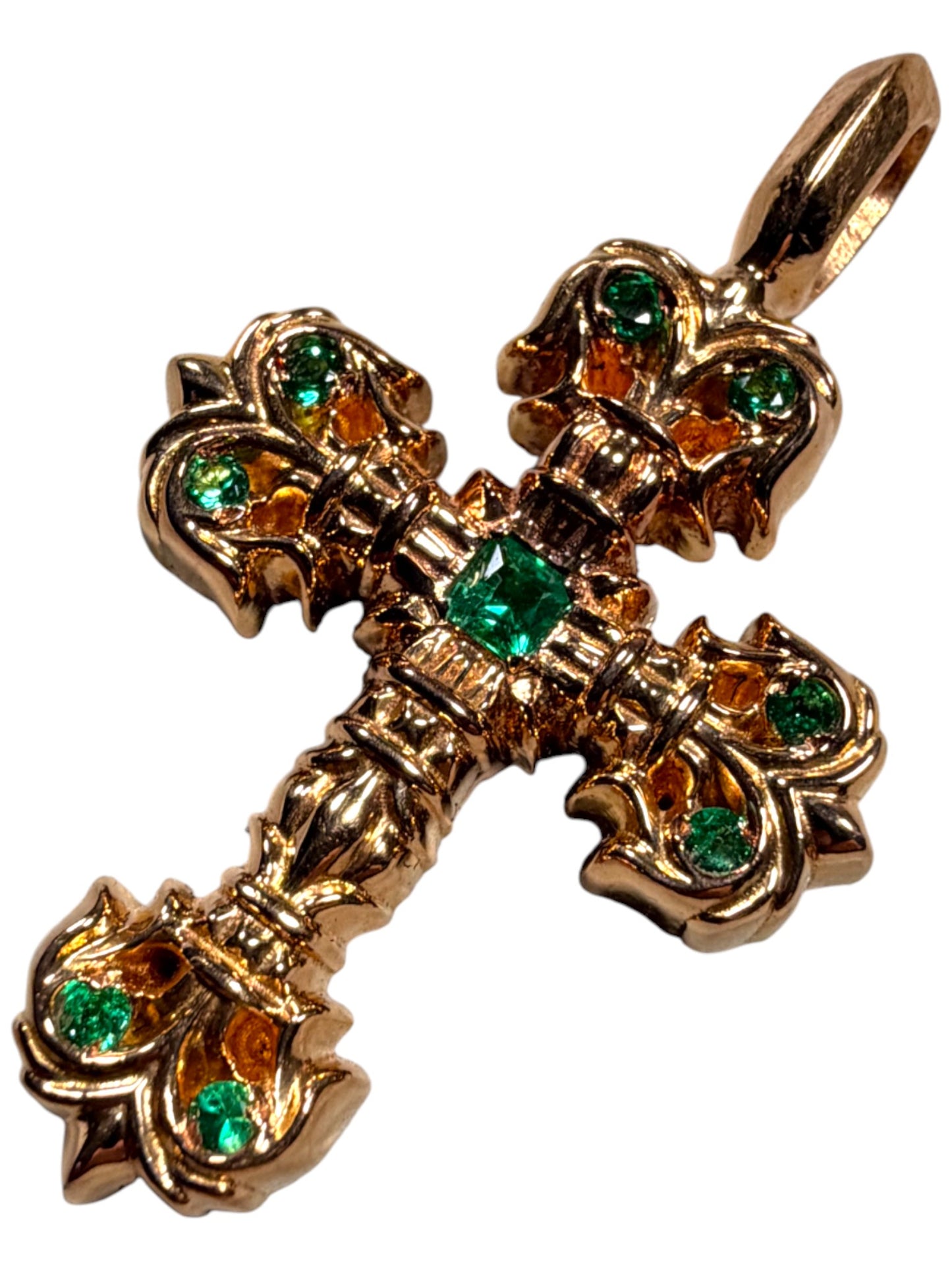 Chrome Hearts Gold Jewelry 22k Filigree Cross Pave Emerald Pendant