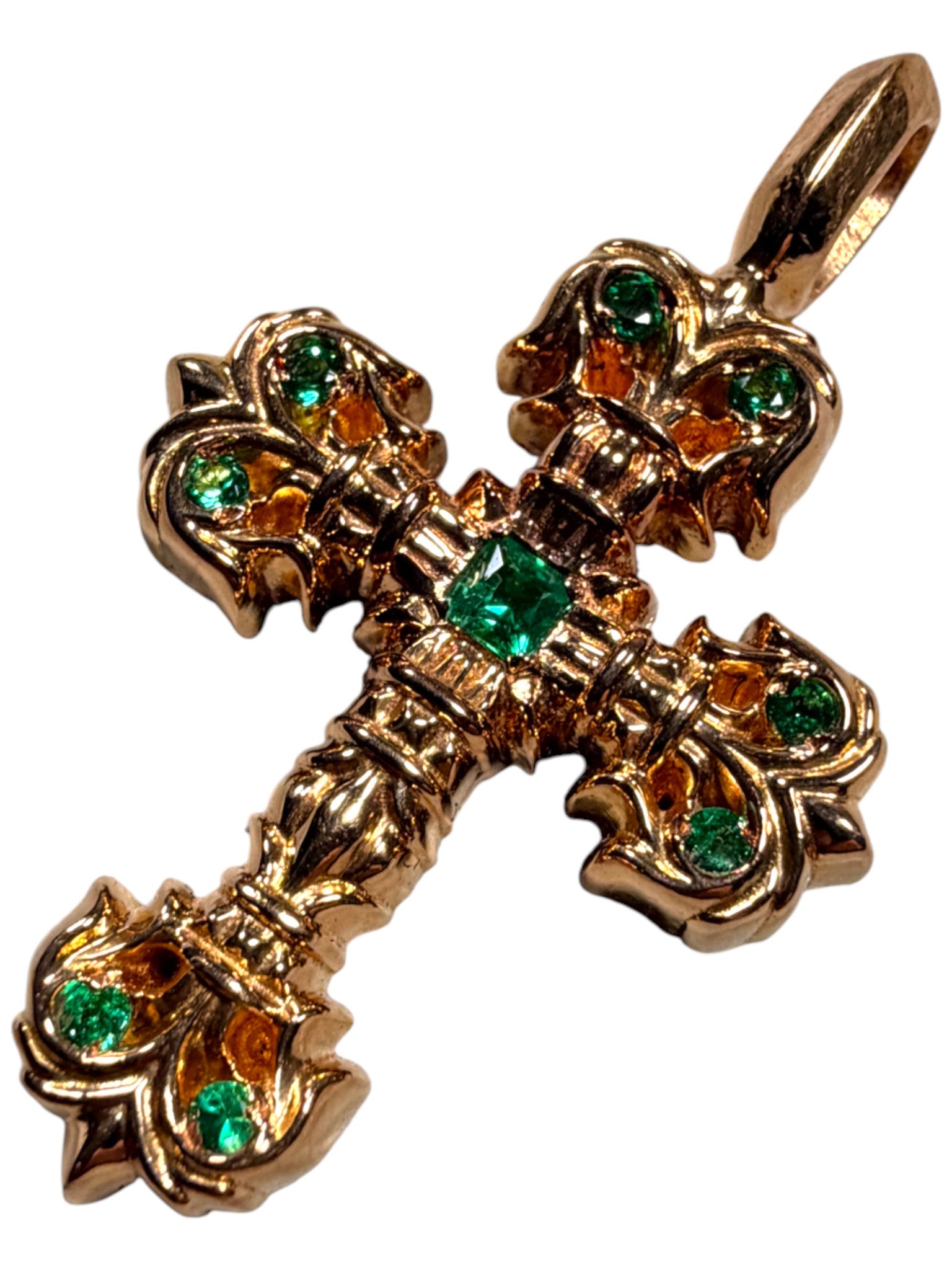 Chrome Hearts Gold Jewelry 22k Filigree Cross Pave Emerald Pendant