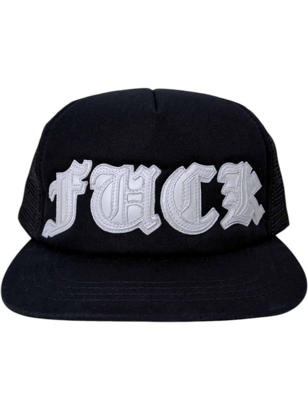 Chrome Hearts FUCK Patch Trucker Hat White Leather Lettering