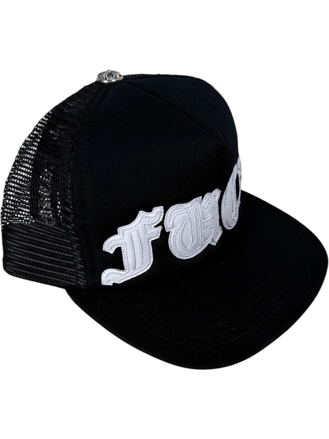 White Lamb Leather FUCK Patch on Chrome Hearts Trucker Hat