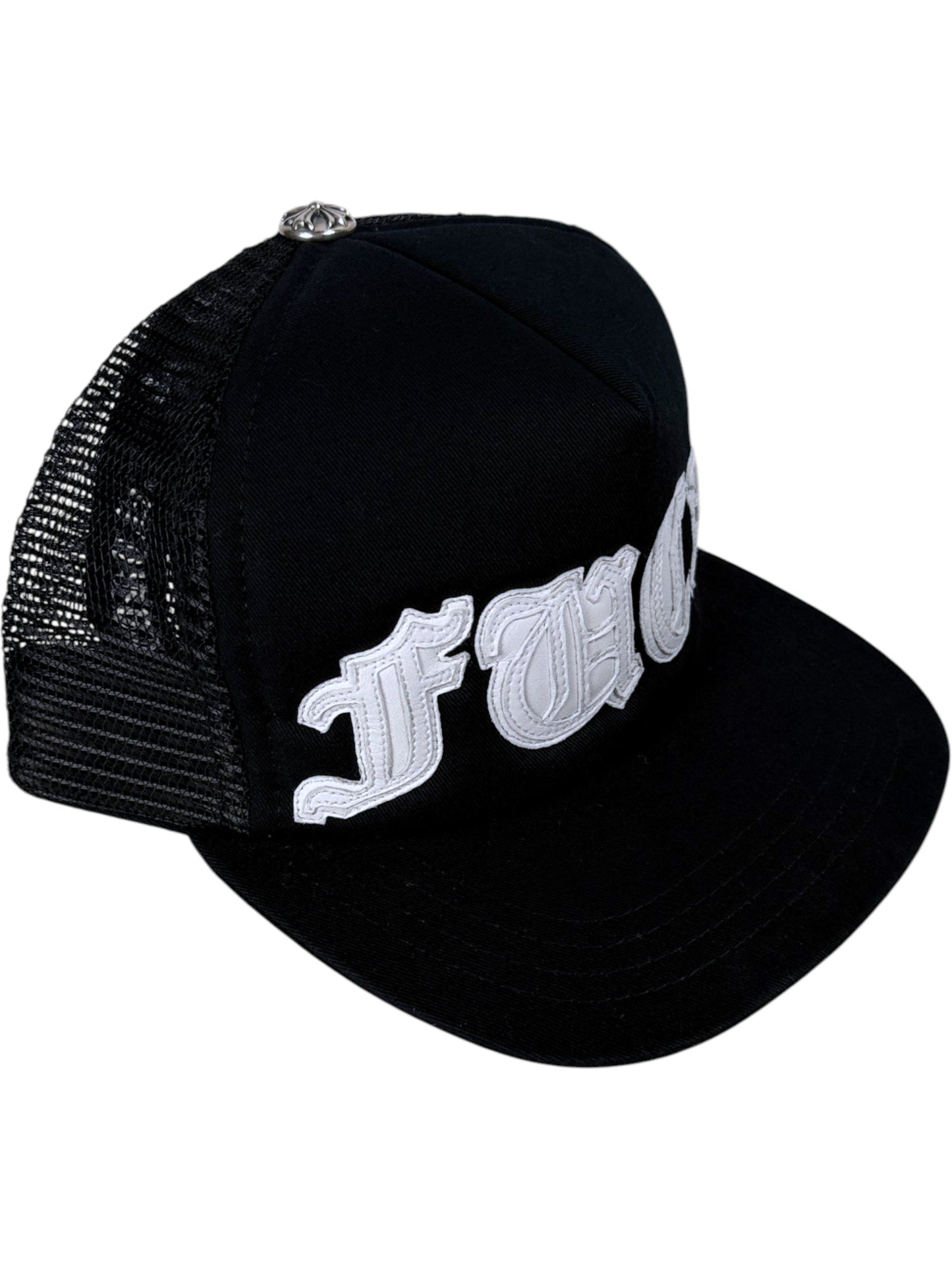 White Lamb Leather FUCK Patch on Chrome Hearts Trucker Hat