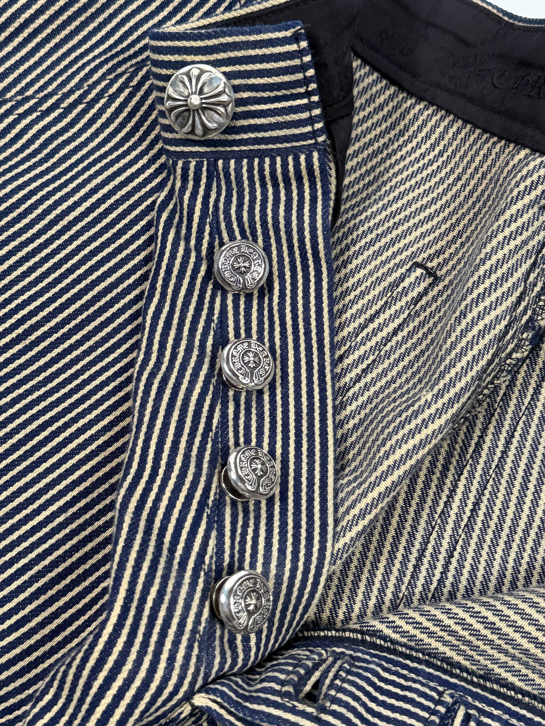 Navy Hickory Stripe Denim Chrome Hearts Button Fly Carpenter Pants