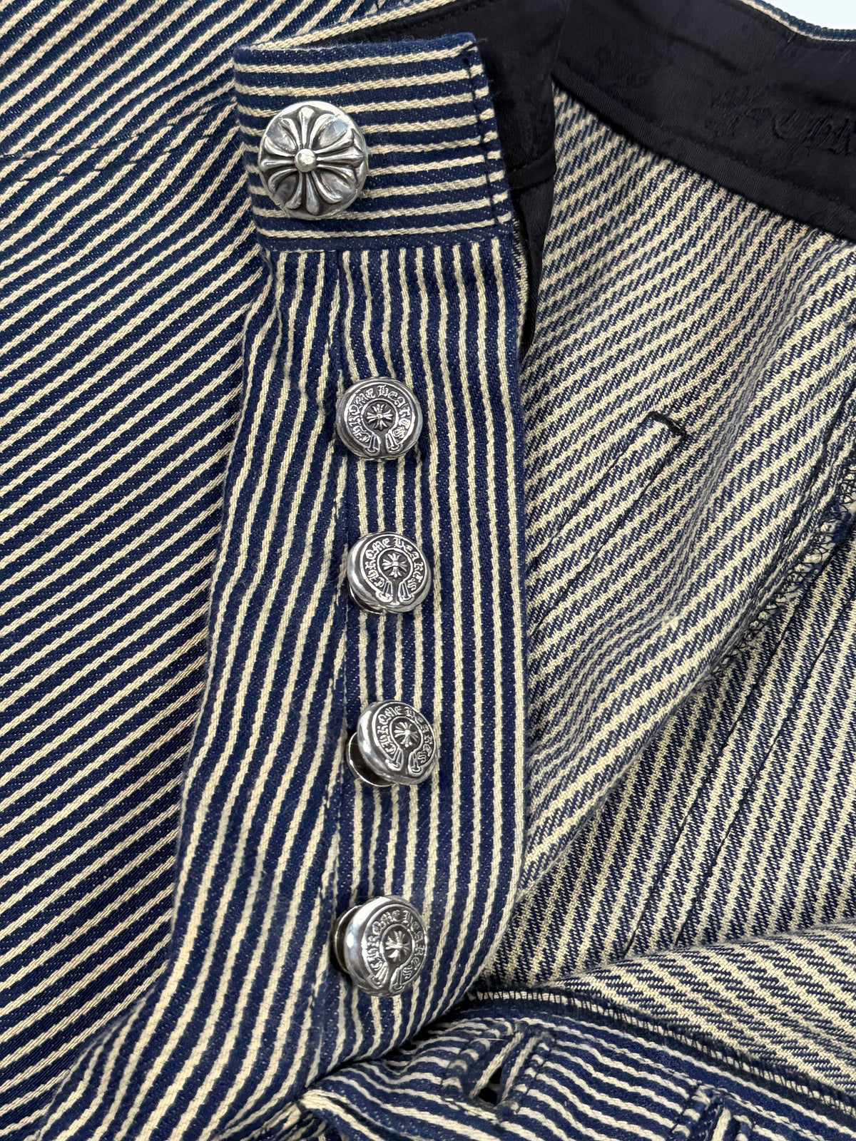 Navy Hickory Stripe Denim Chrome Hearts Button Fly Carpenter Pants