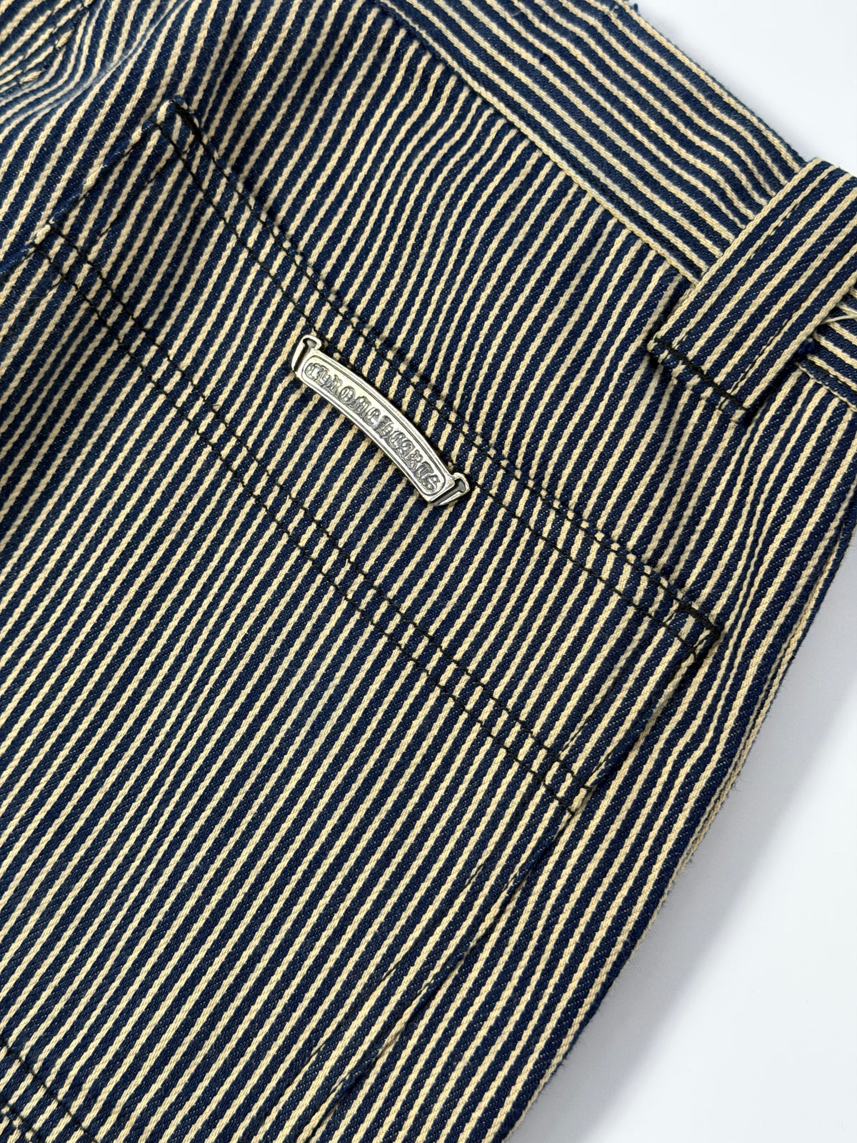 Silver Scroll Label on Chrome Hearts Navy Hickory Stripe Pants