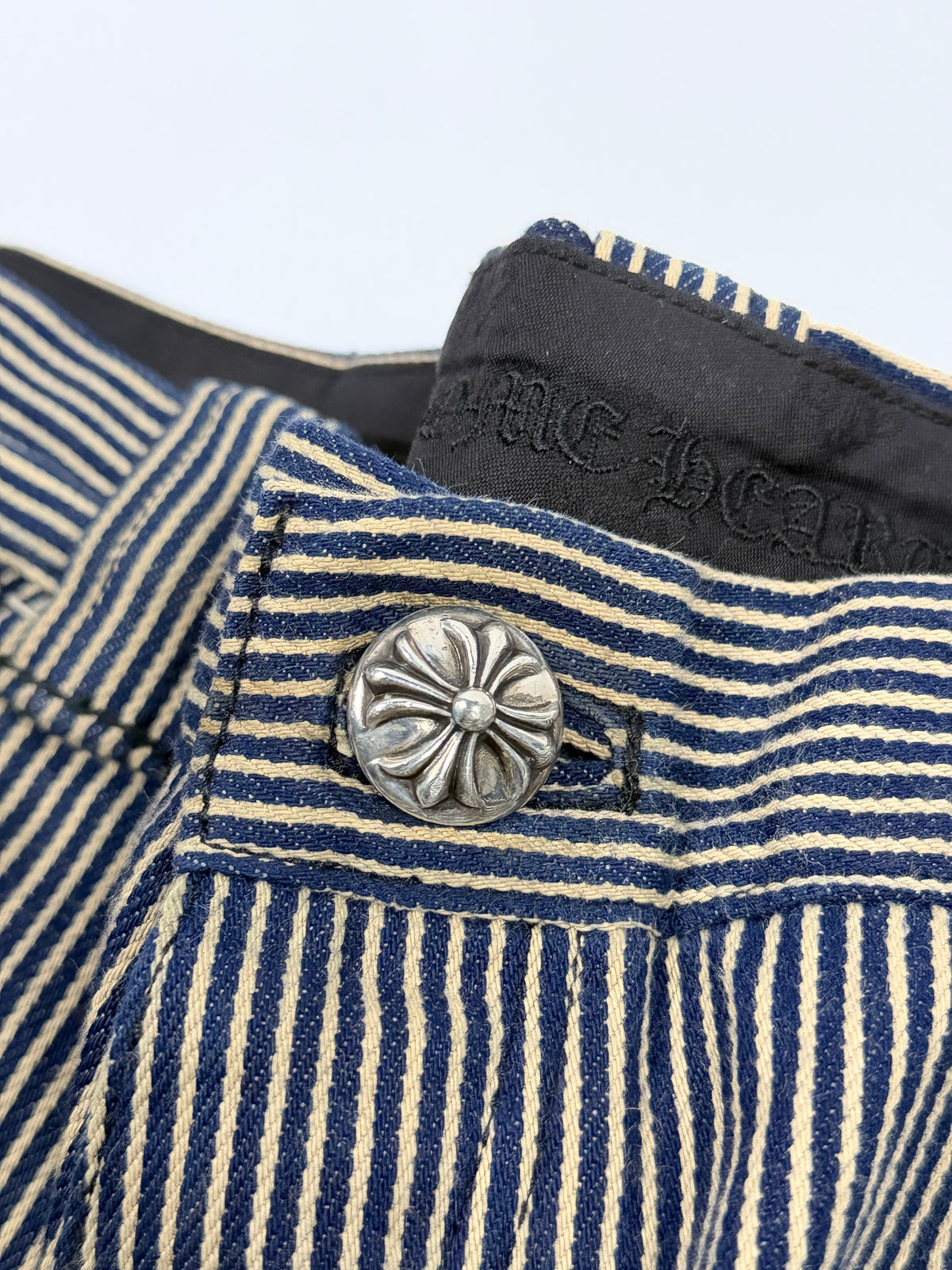 Sterling Silver Floral Cross Button Chrome Hearts Hickory Stripe Denim