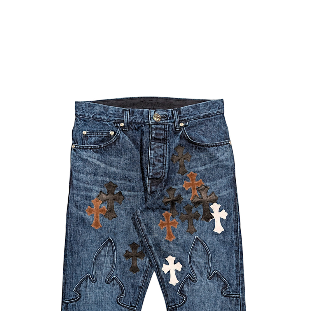Chrome Hearts Fleur Knee Denim Cross Patch Jeans Sterling Silver Hardware