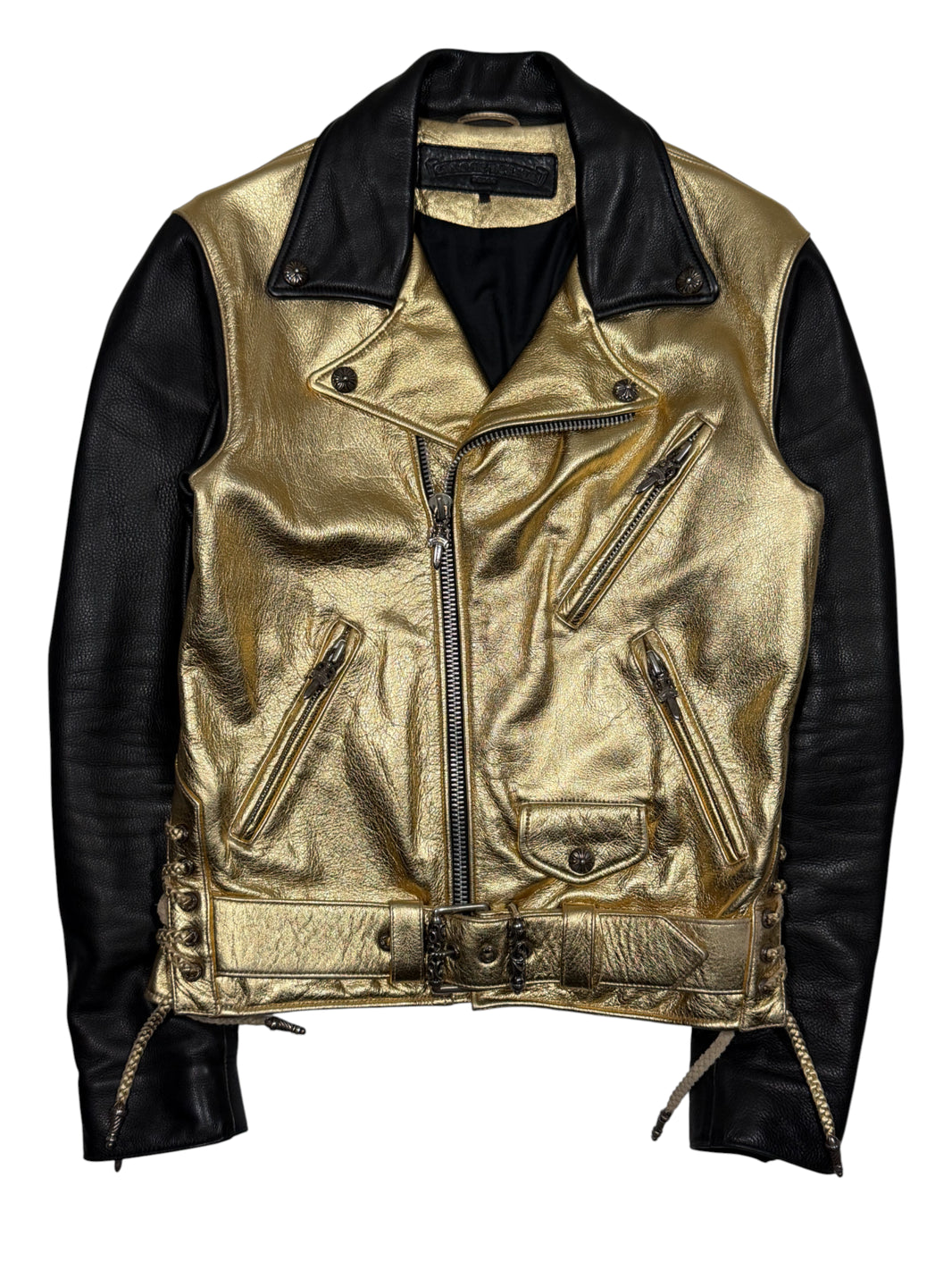 Chrome Hearts JJ Dean Gold Metallic Patent Leather Moto Jacket Black Sleeves