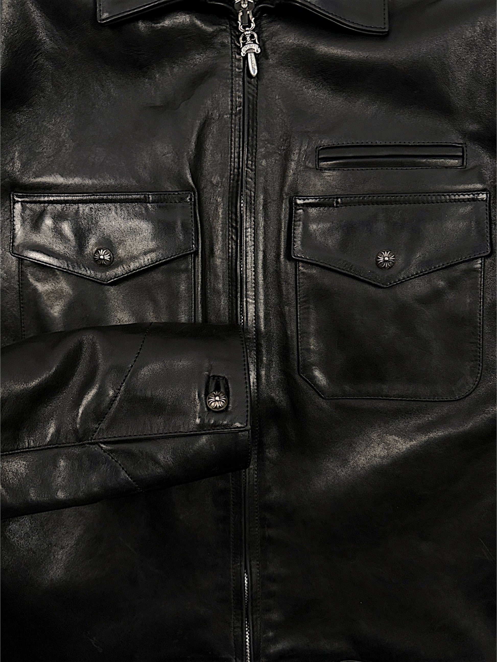 Chrome Hearts Silver Cross Ball Buttons Chest Pockets Leather Jacket
