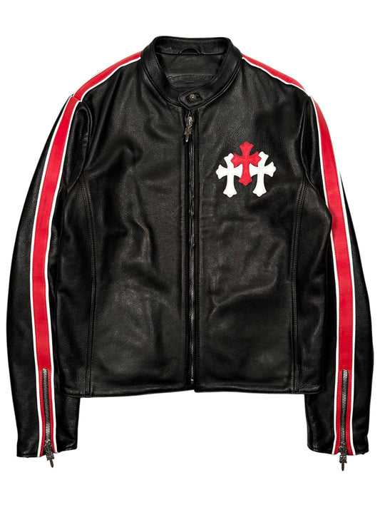 Chrome Hearts Red Cross Patch Leather Racing Jacket Authentic Leather Jackets