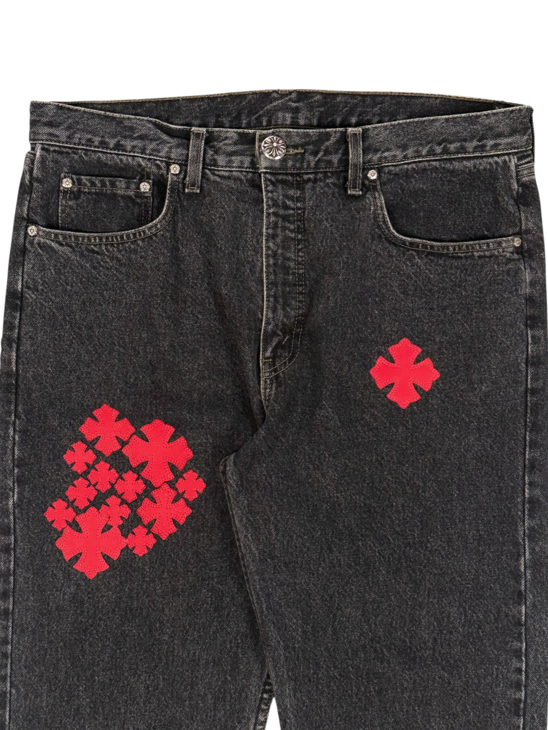 Grey Denim Chrome Hearts Jeans with Scattered Red Cross Patches