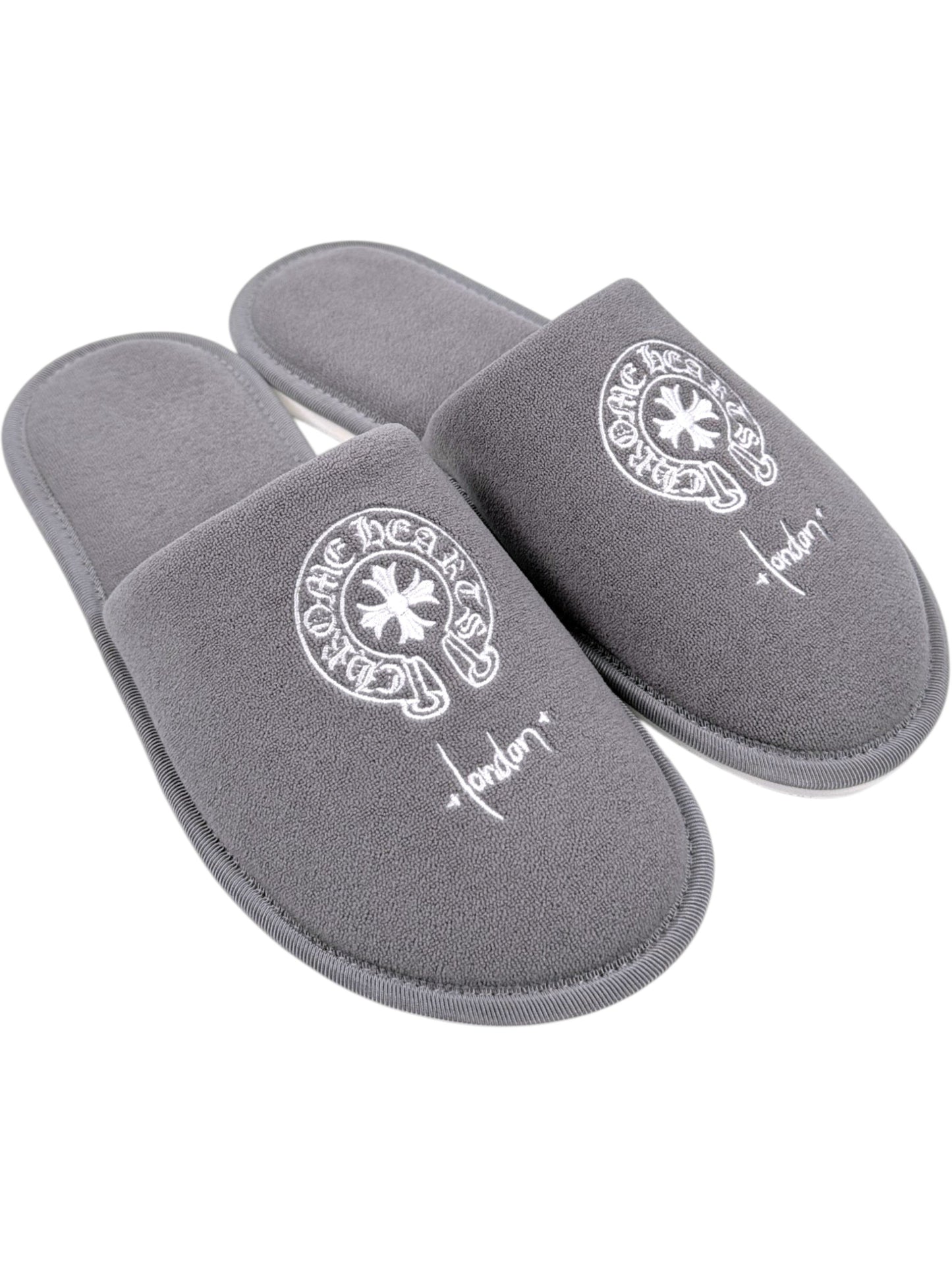 Grey Chrome Hearts Slippers White Horseshoe Cross Embroidery