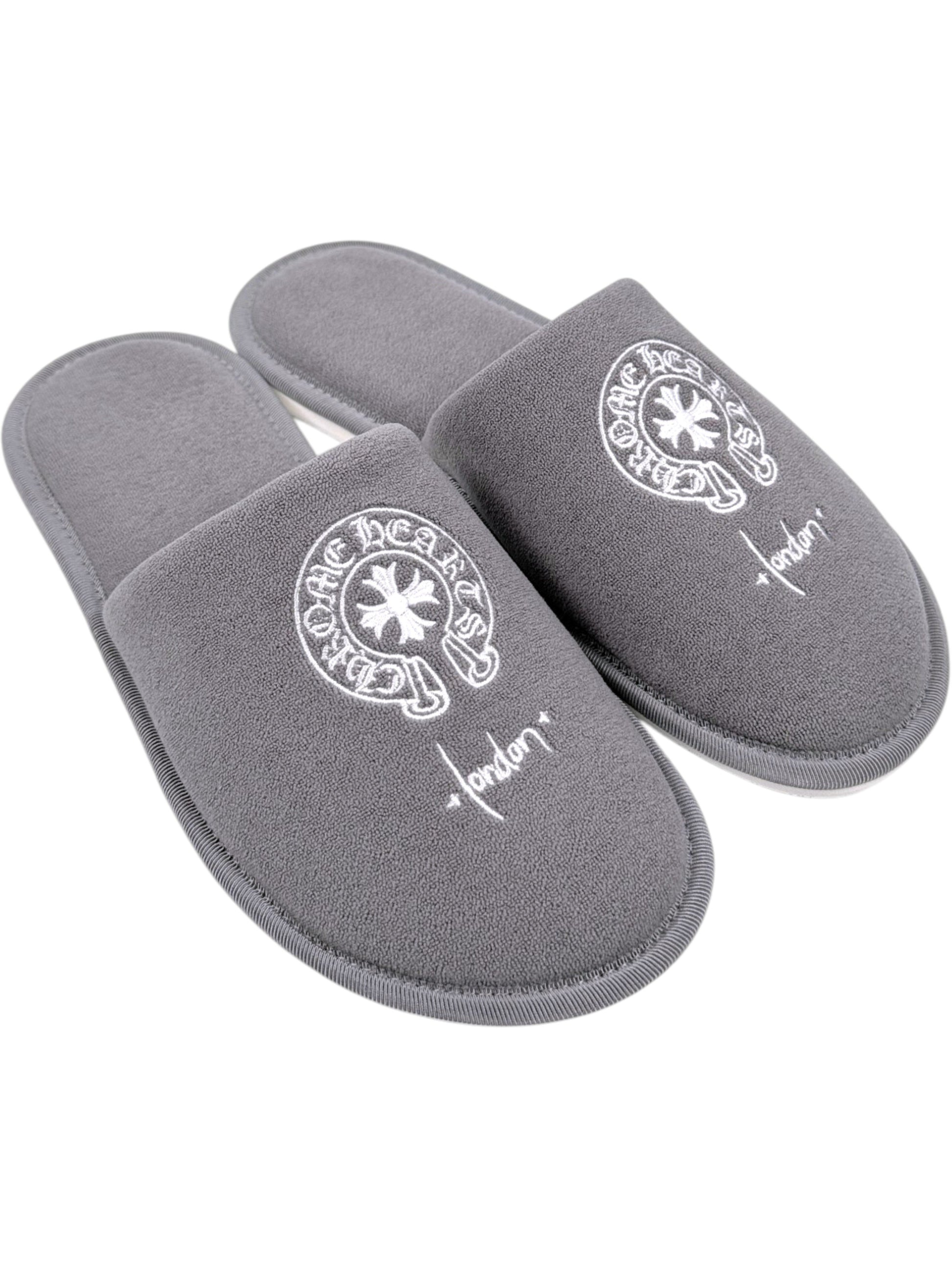 Grey Chrome Hearts Slippers White Horseshoe Cross Embroidery