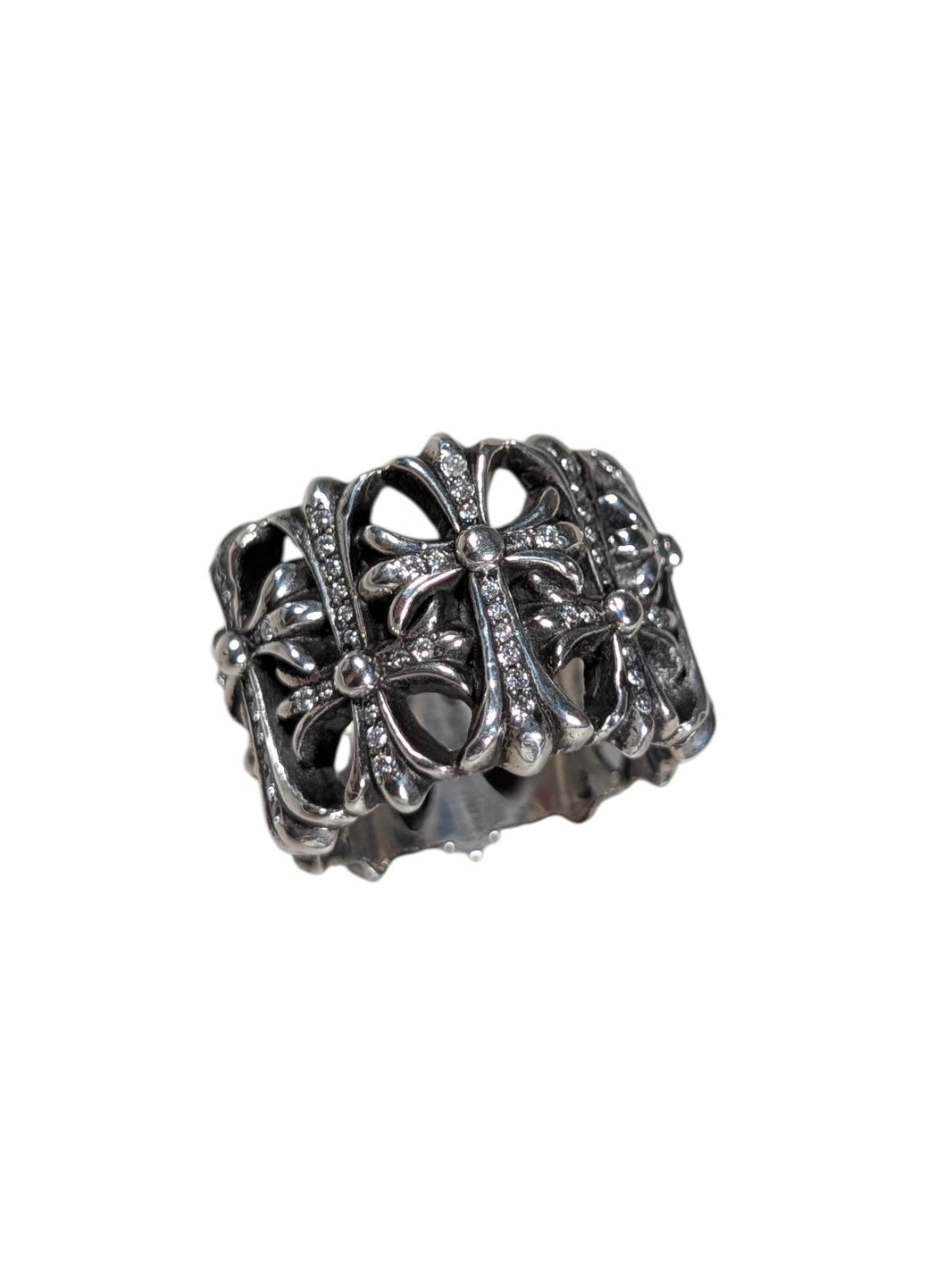 Chrome Hearts Cemetery Cross Ring Pave Diamond Sterling Silver Hardware