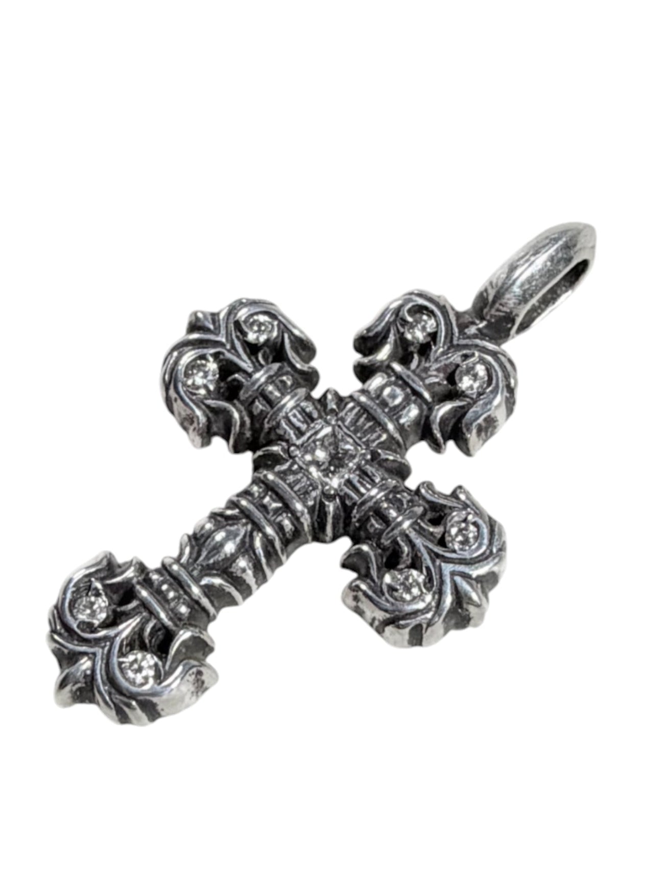 Chrome Hearts Silver Filigree Cross Pendant Pave Diamond Sterling Silver Hardware