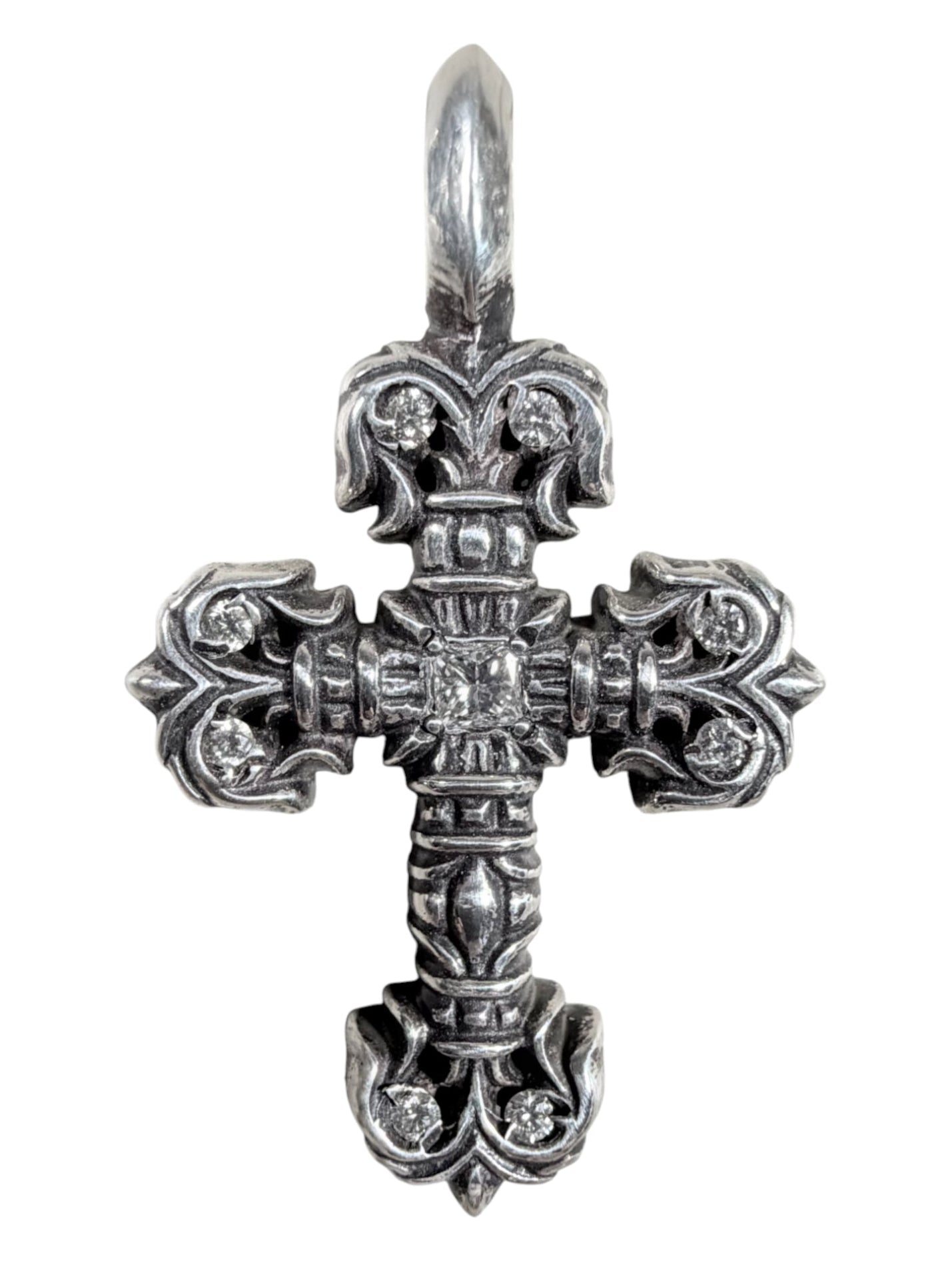 Silver Filigree Cross Pendant Pave Diamond
