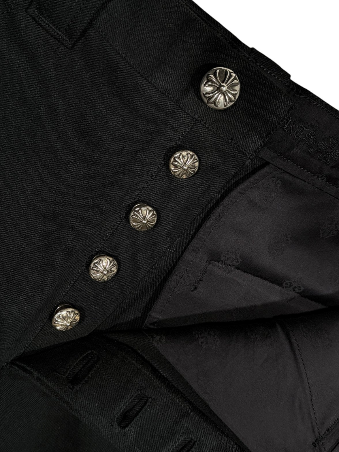 Chrome Hearts Sterling Silver Crossball Plus Fly Buttons Black Denim Interior