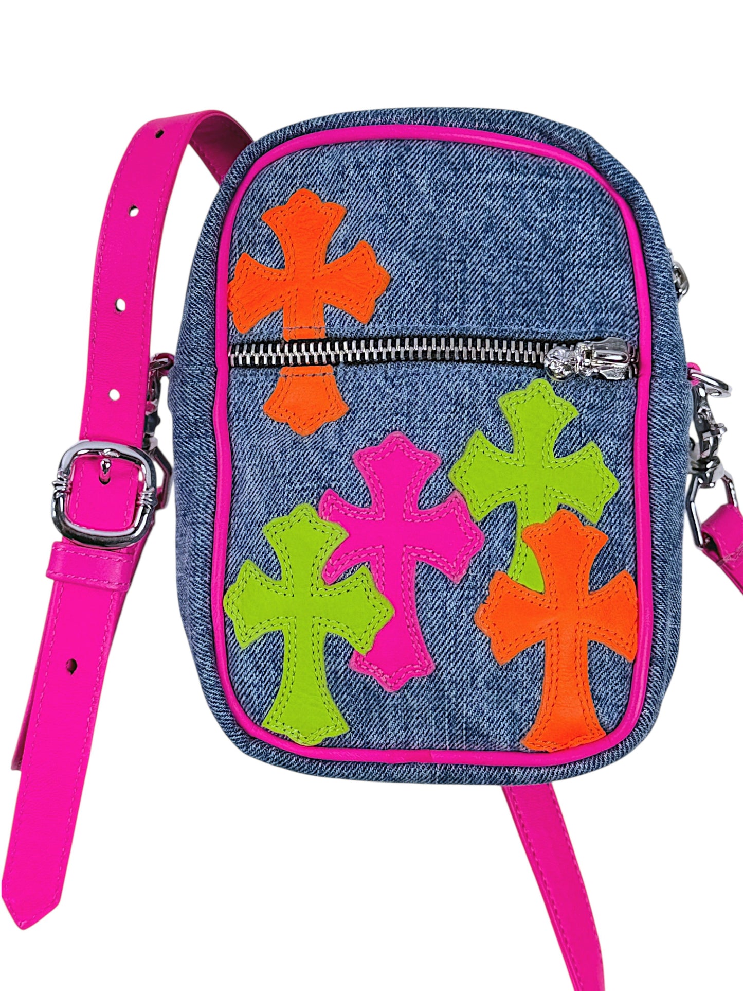 Chrome Hearts Taka Denim Crossbody Bag Neon Leather Cross Patches