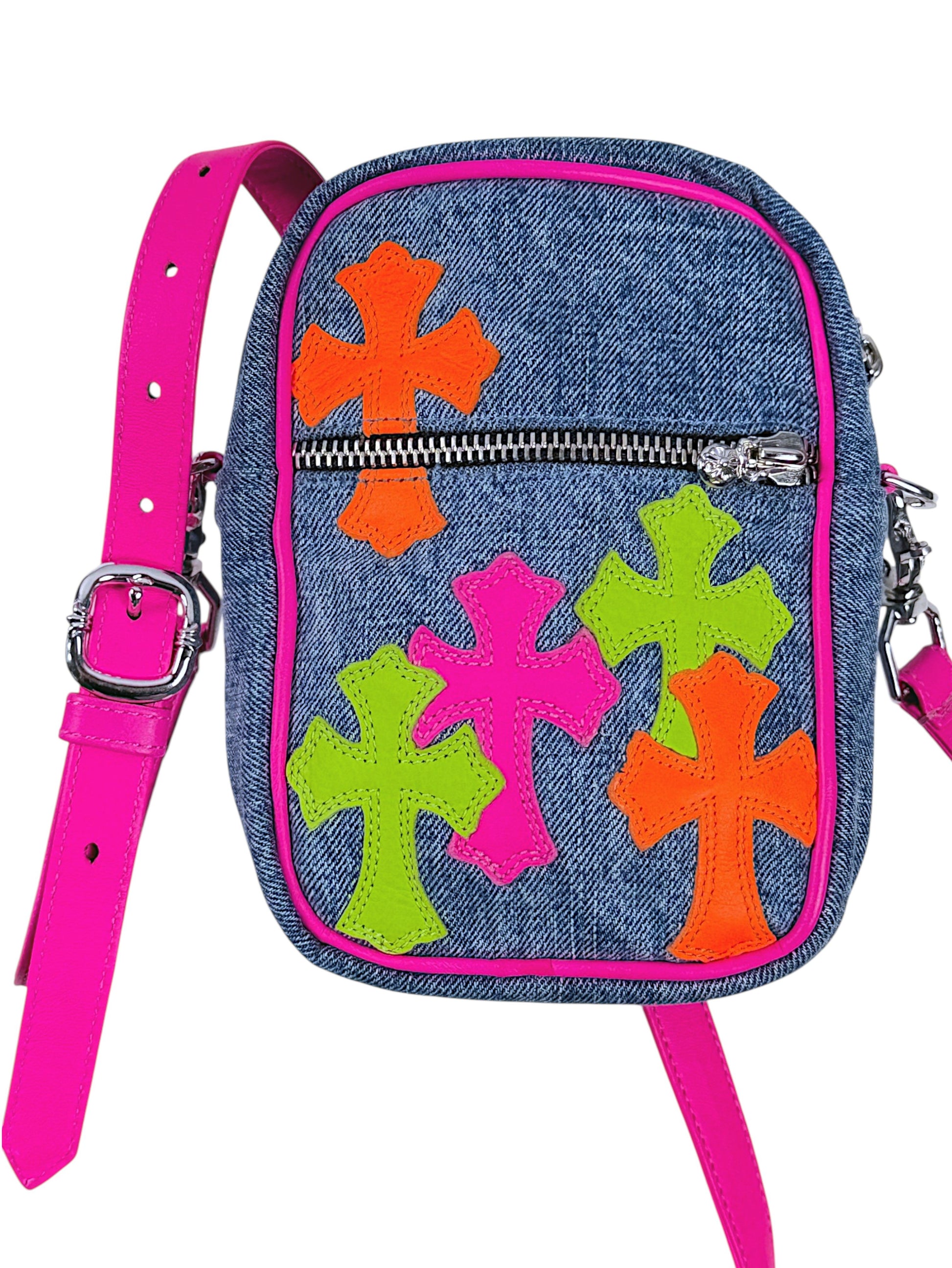 Chrome Hearts Taka Denim Crossbody Bag Neon Leather Cross Patches
