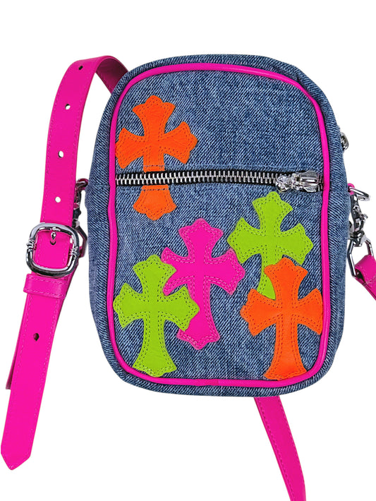 Chrome Hearts Taka Denim Crossbody Bag Neon Leather Cross Patches